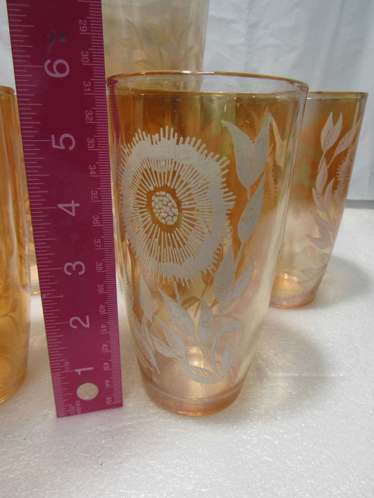 Vintage JEANETTE 1950s Marigold Carnival Glass Pitcher/6 Cups White Cosmos U38JJ - Thumbnail 7