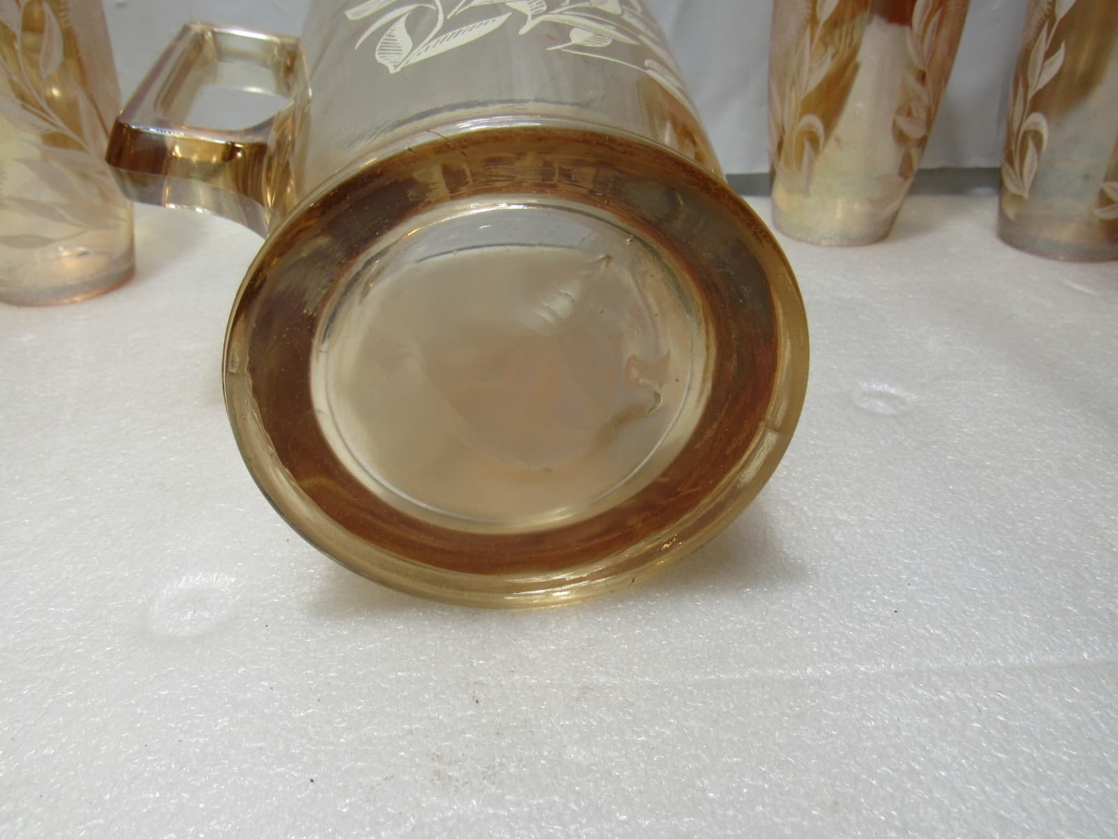Vintage JEANETTE 1950s Marigold Carnival Glass Pitcher/6 Cups White Cosmos U38JJ - Thumbnail 14
