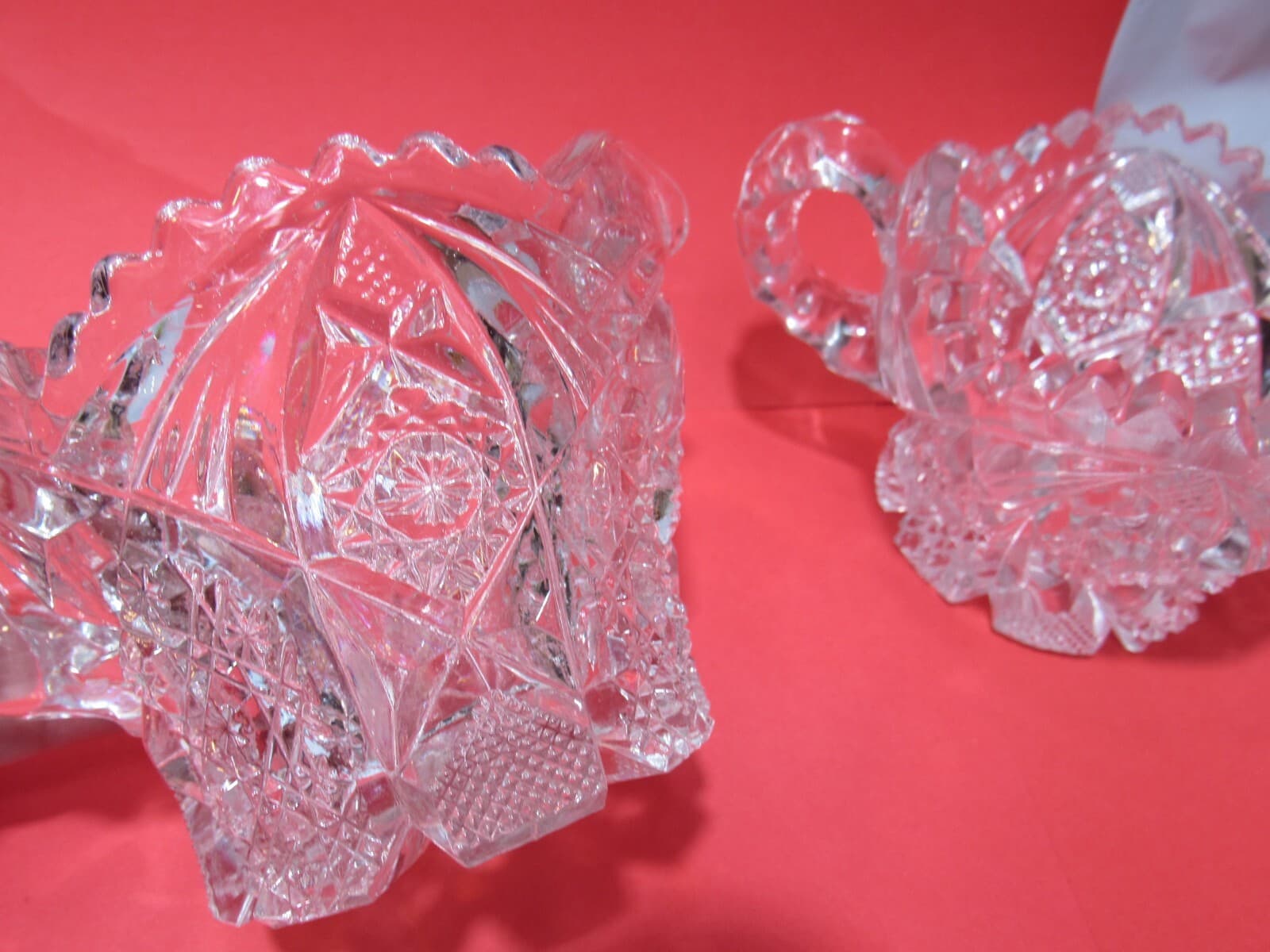 Vintage Heavy Crystal Etched Glass Sawtooth Edge Creamer and Sugar PItcher O97M - Thumbnail 3