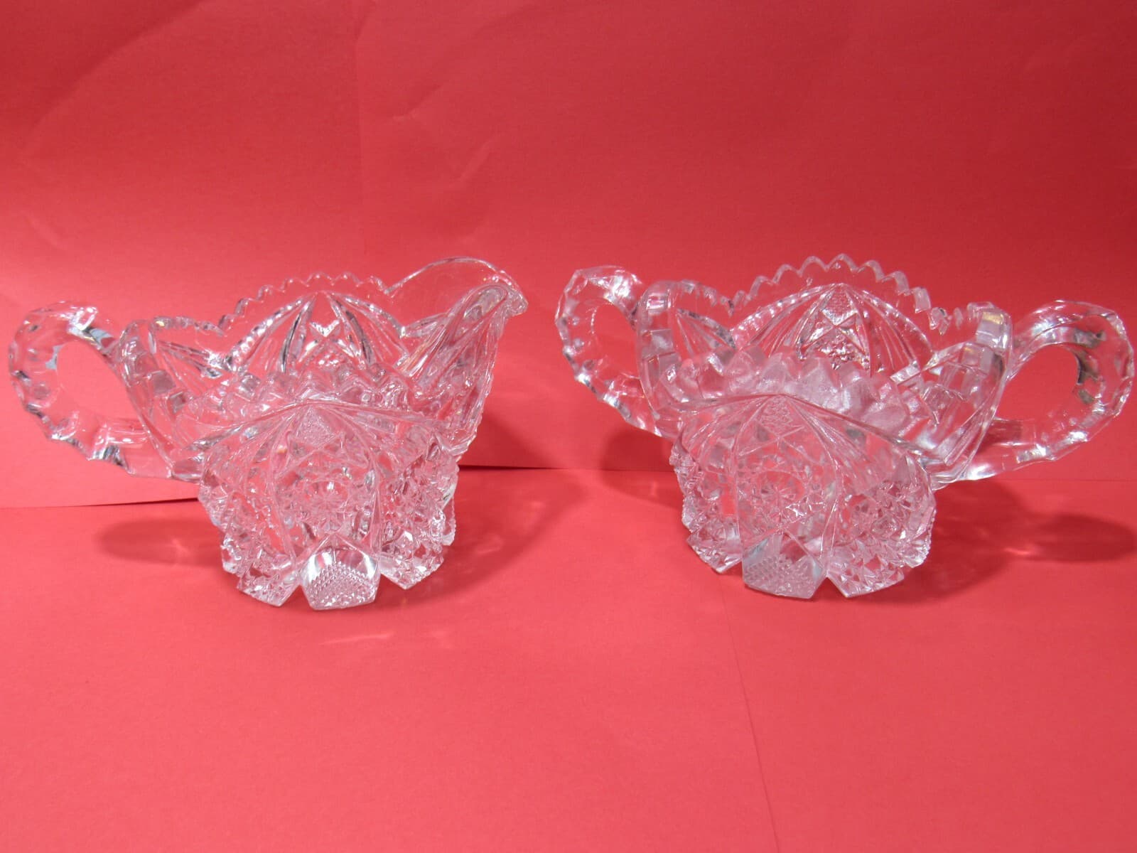 Vintage Heavy Crystal Etched Glass Sawtooth Edge Creamer and Sugar PItcher O97M - Thumbnail 2