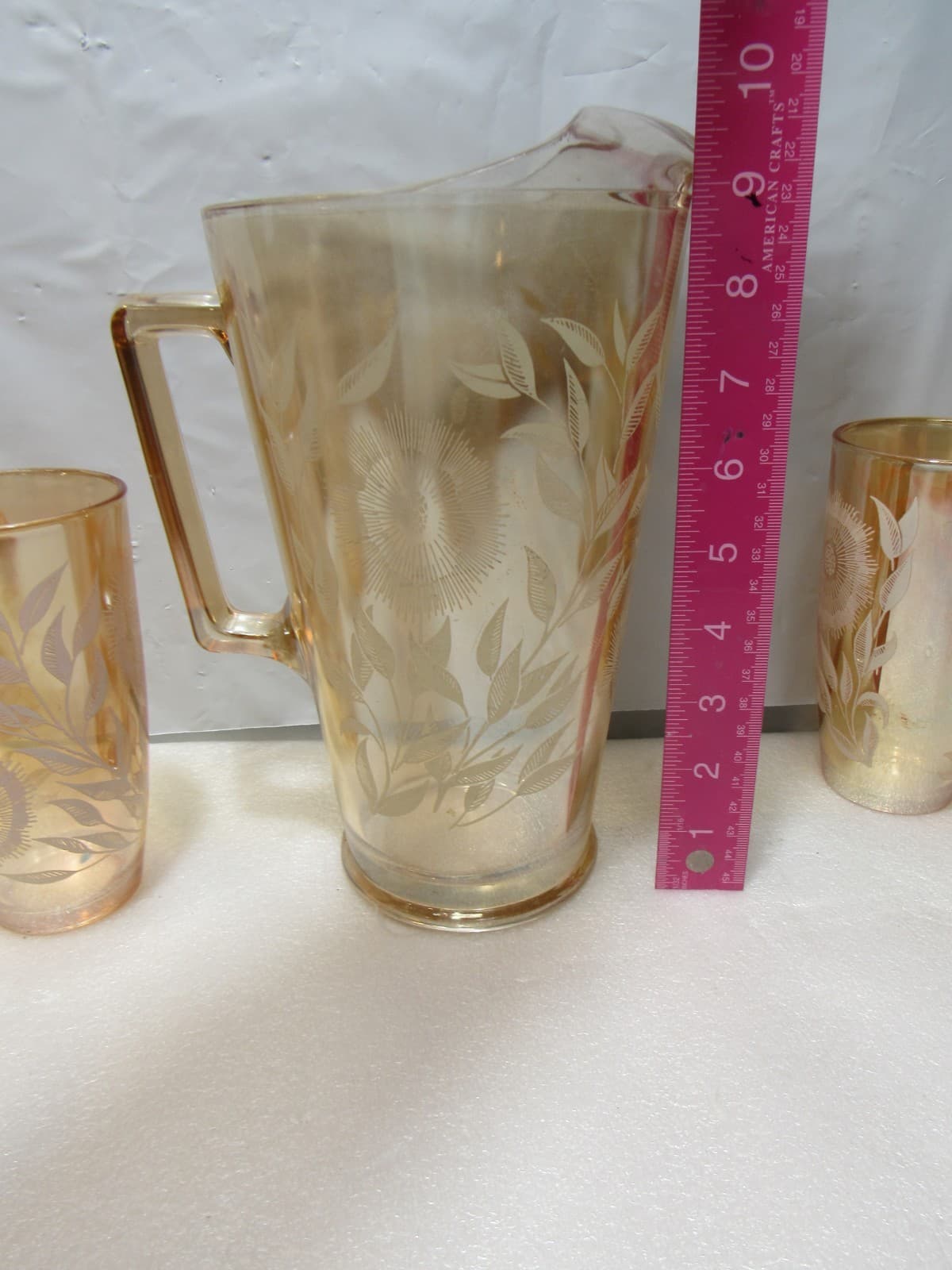 Vintage JEANETTE 1950s Marigold Carnival Glass Pitcher/6 Cups White Cosmos U38JJ - Thumbnail 9