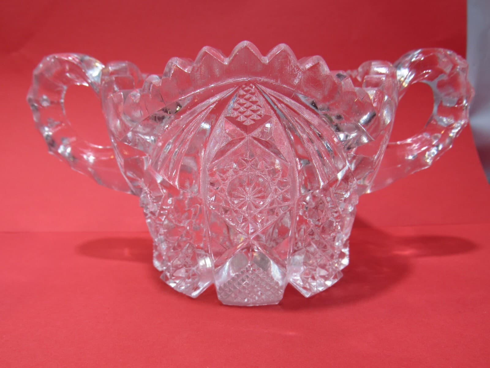 Vintage Heavy Crystal Etched Glass Sawtooth Edge Creamer and Sugar PItcher O97M - Thumbnail 8