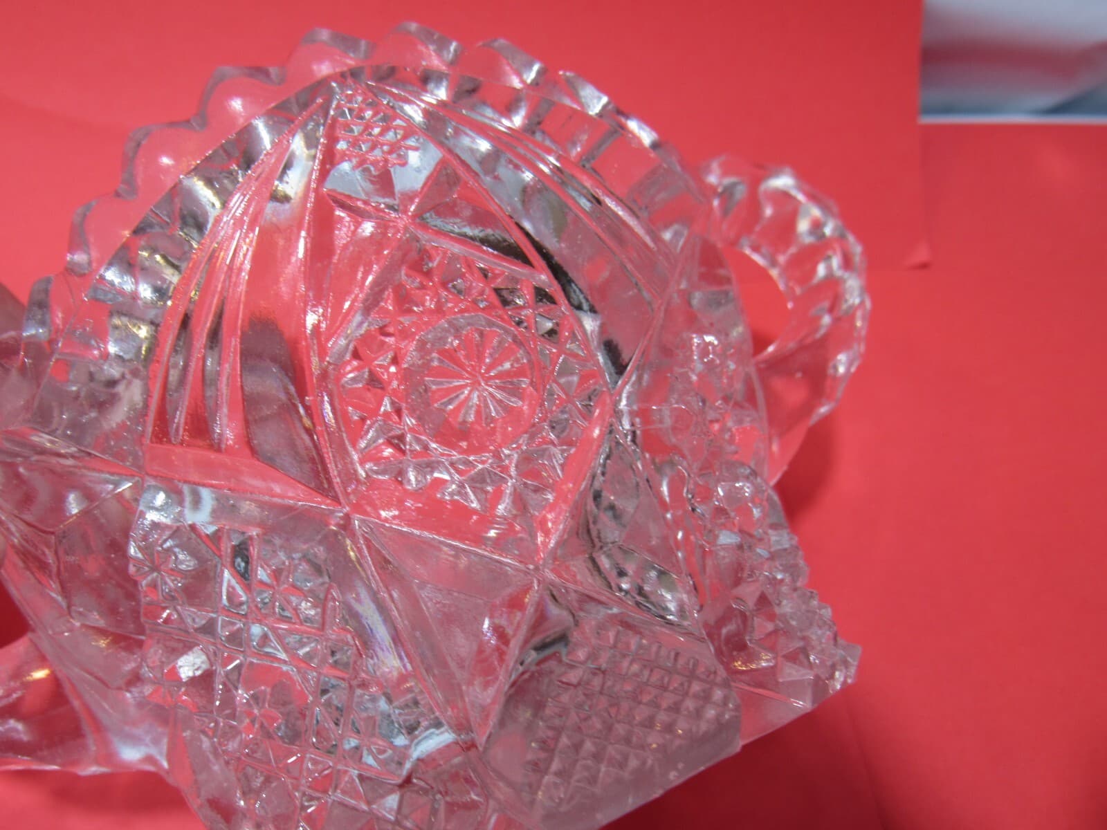 Vintage Heavy Crystal Etched Glass Sawtooth Edge Creamer and Sugar PItcher O97M - Thumbnail 9