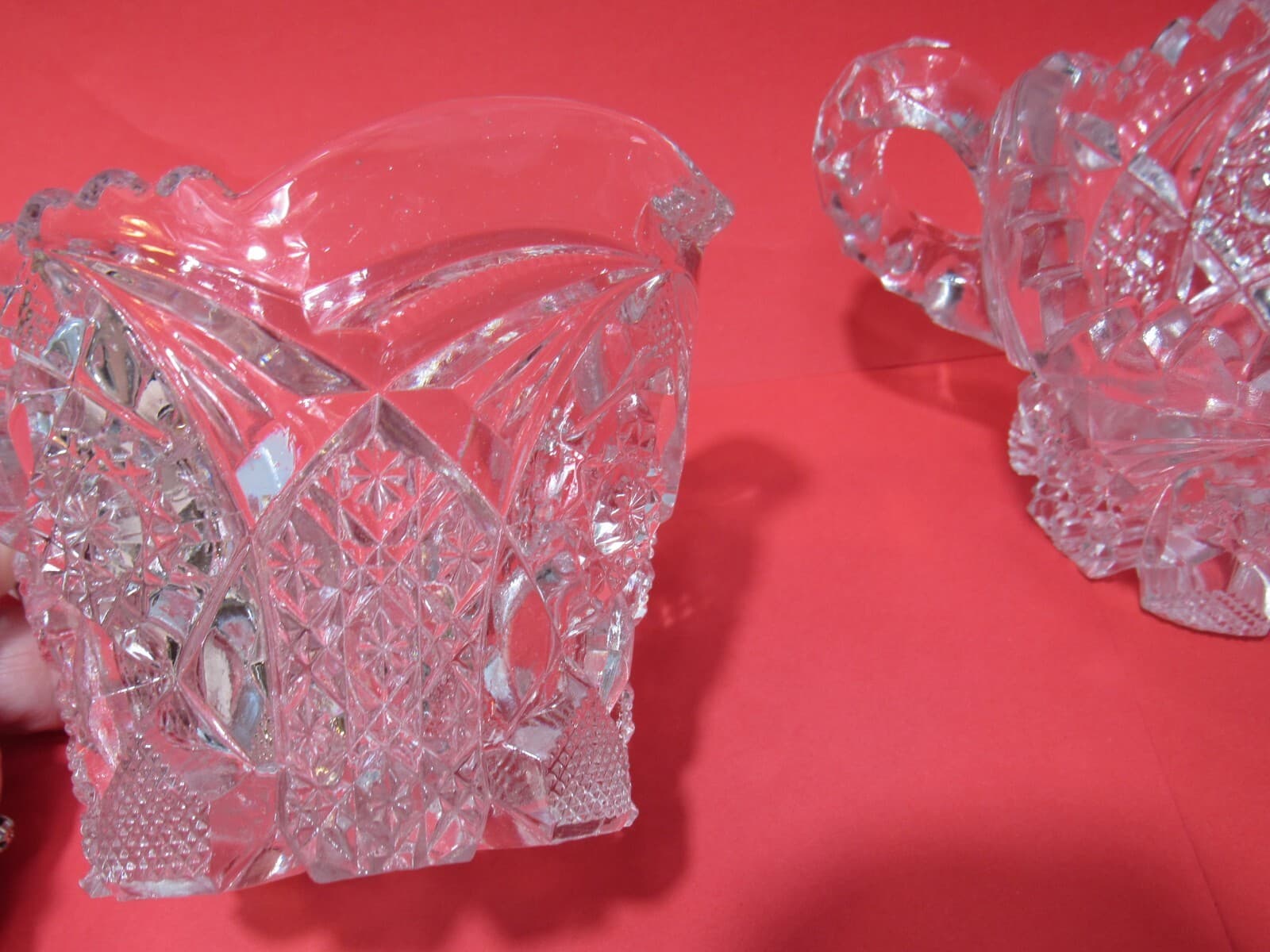 Vintage Heavy Crystal Etched Glass Sawtooth Edge Creamer and Sugar PItcher O97M - Thumbnail 4