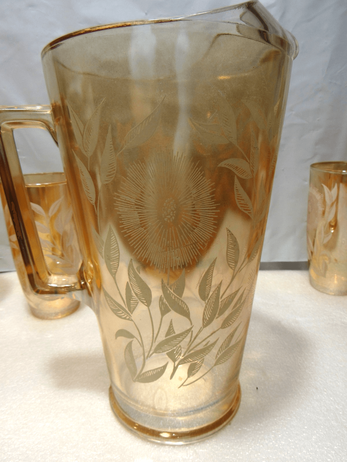 Vintage JEANETTE 1950s Marigold Carnival Glass Pitcher/6 Cups White Cosmos U38JJ - Thumbnail 15