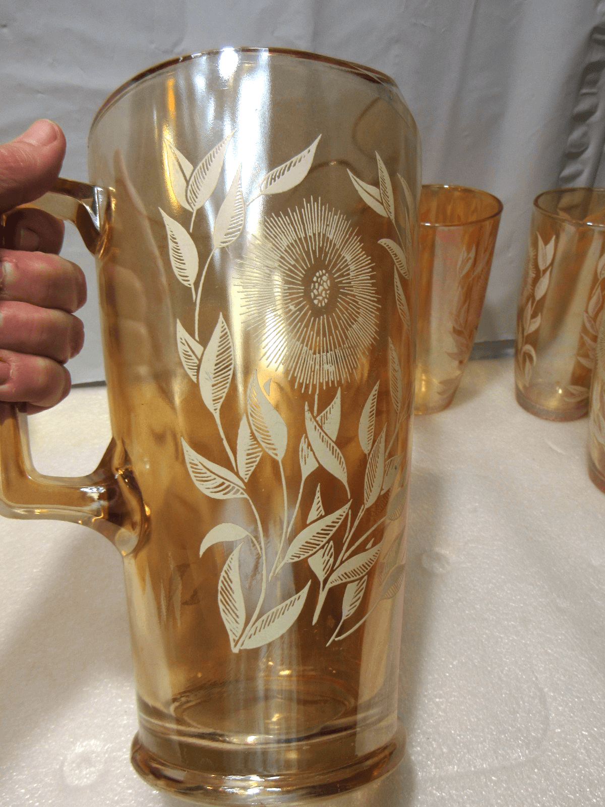 Vintage JEANETTE 1950s Marigold Carnival Glass Pitcher/6 Cups White Cosmos U38JJ - Thumbnail 16