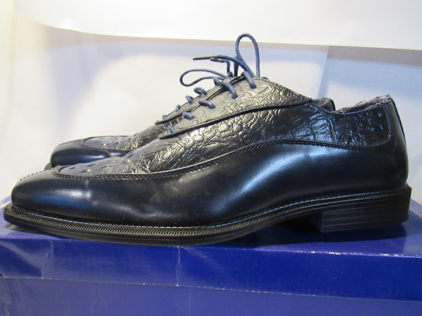 ROBERTO CHILLINI STATUS Men Oxford Dress Shoe Navy Embossed Crocodile Sz 8.5 J43 - Thumbnail 4
