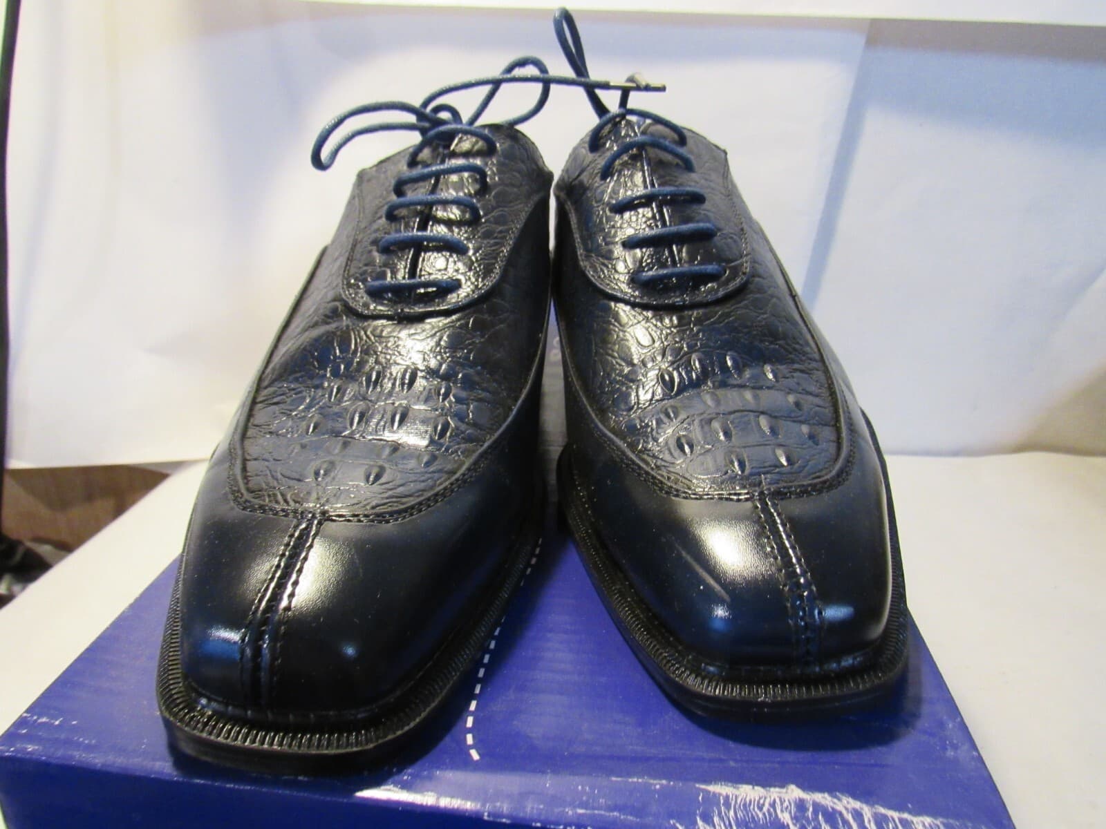 ROBERTO CHILLINI STATUS Men Oxford Dress Shoe Navy Embossed Crocodile Sz 8.5 J43 - Thumbnail 2