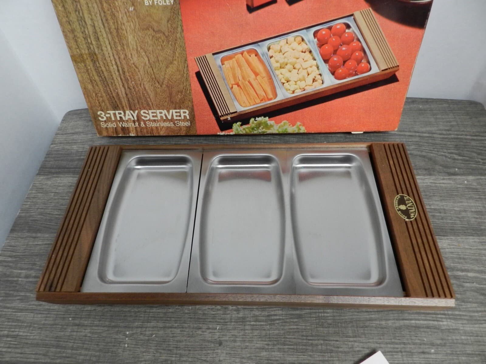 Vintage Foley Flair 3-Tray Server Solid Walnut & Stainless Steel B80J - Thumbnail 2