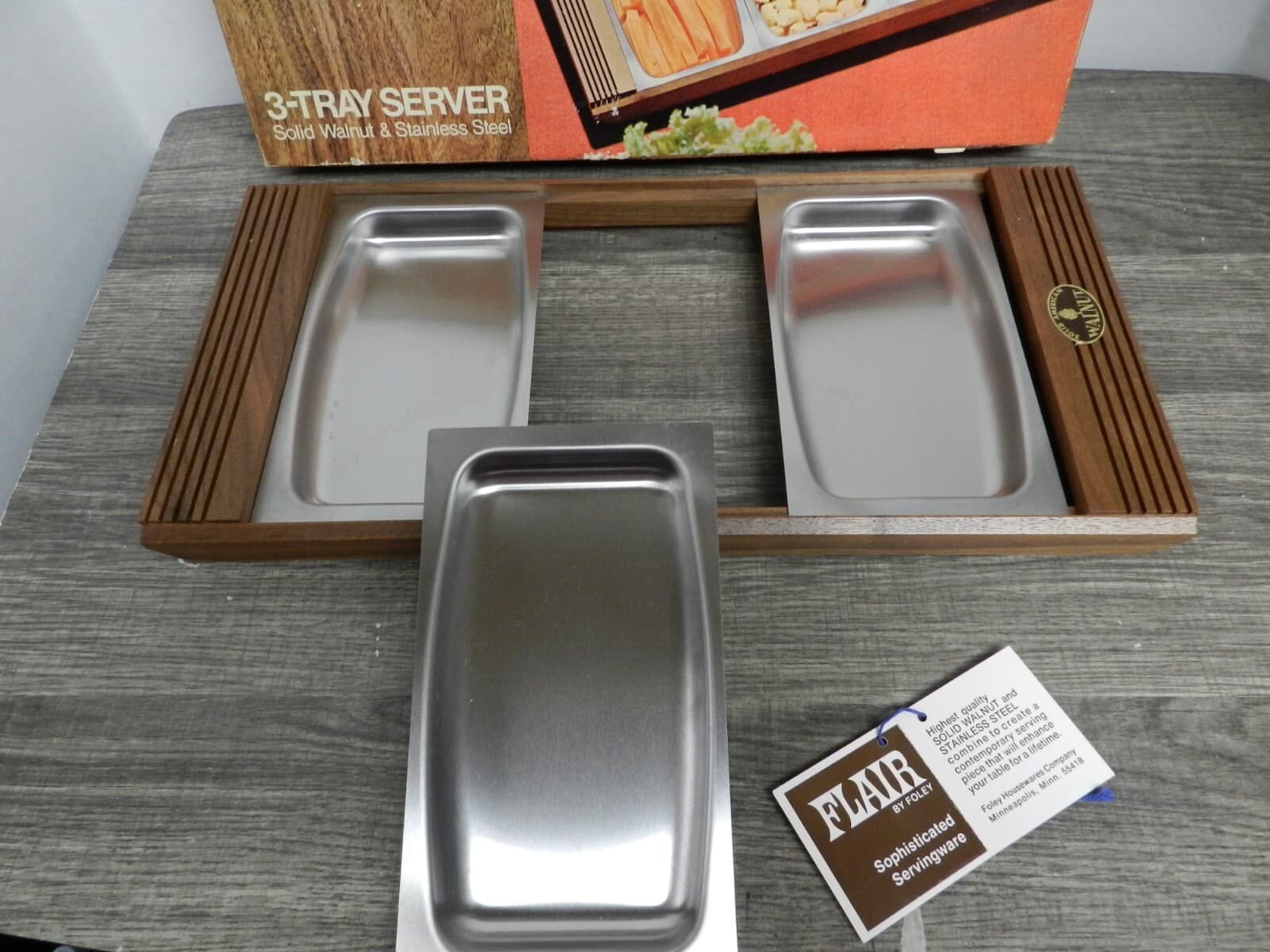 Vintage Foley Flair 3-Tray Server Solid Walnut & Stainless Steel B80J - Thumbnail 3