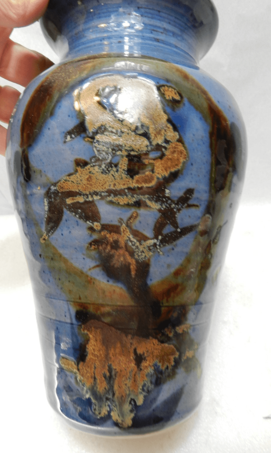 Studio Art Pottery Vase Signed Beautiful Glaze Blues and Browns 8.5" Tall (K13J) - Thumbnail 2