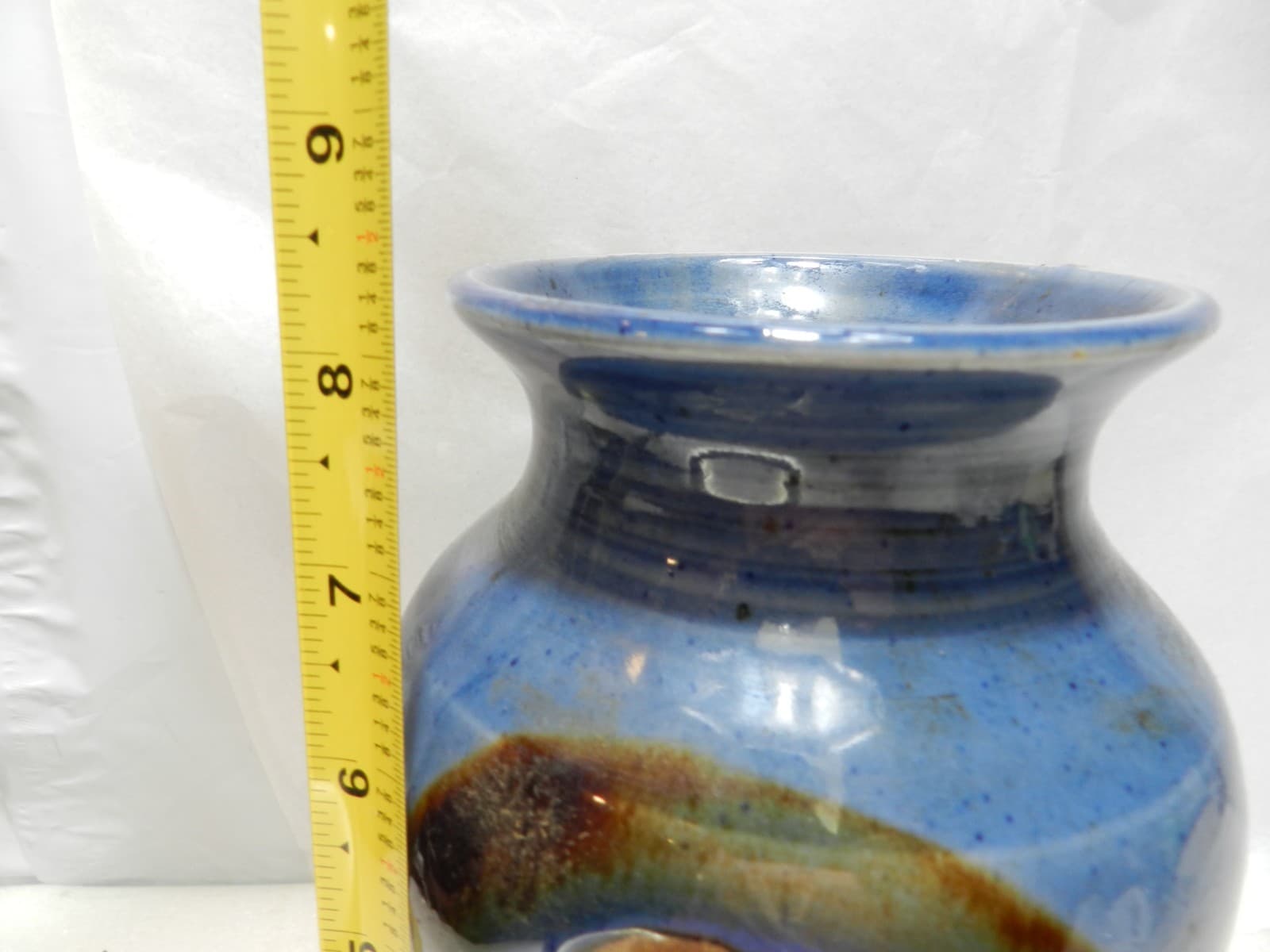Studio Art Pottery Vase Signed Beautiful Glaze Blues and Browns 8.5" Tall (K13J) - Thumbnail 8