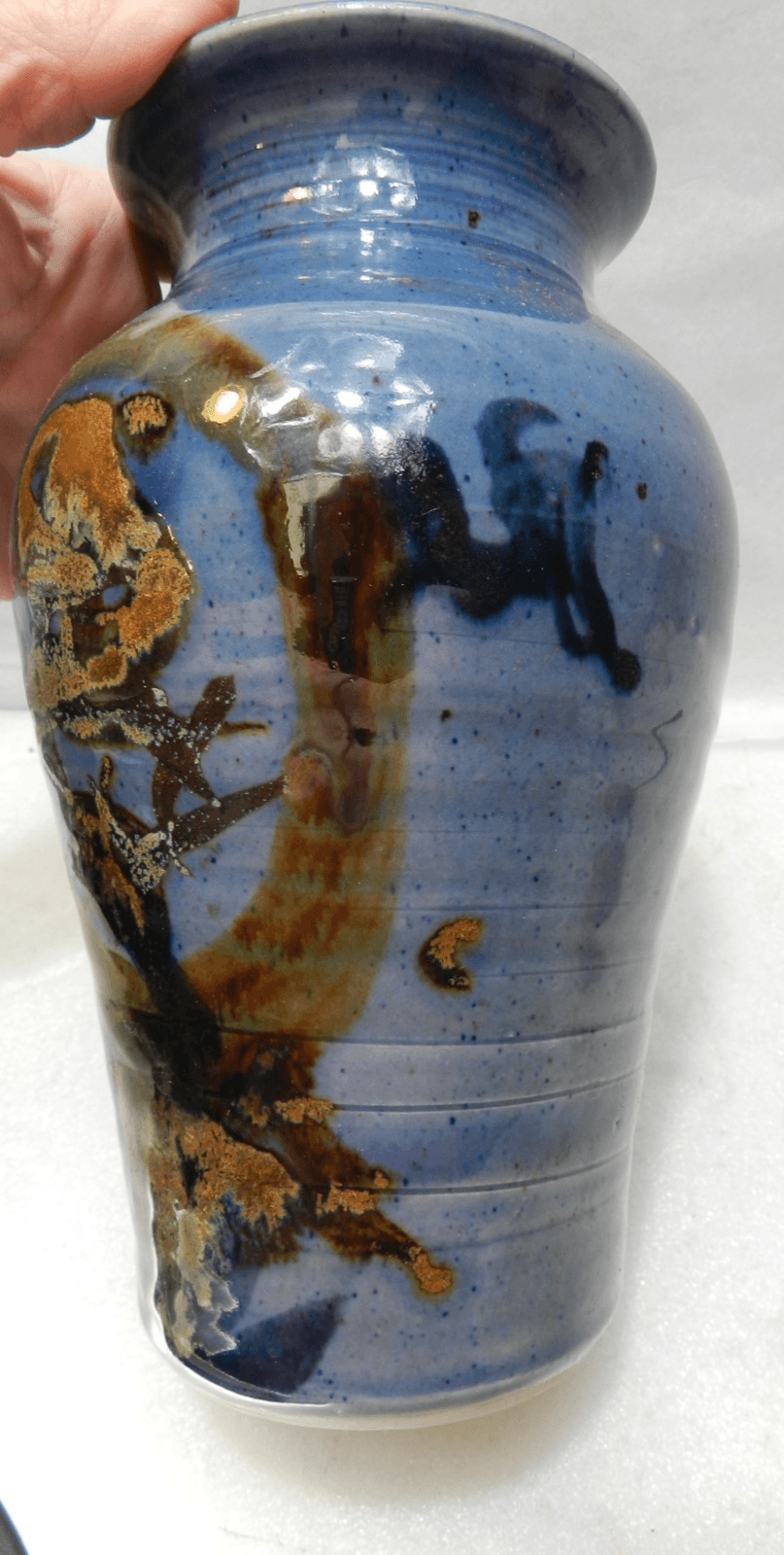 Studio Art Pottery Vase Signed Beautiful Glaze Blues and Browns 8.5" Tall (K13J) - Thumbnail 3