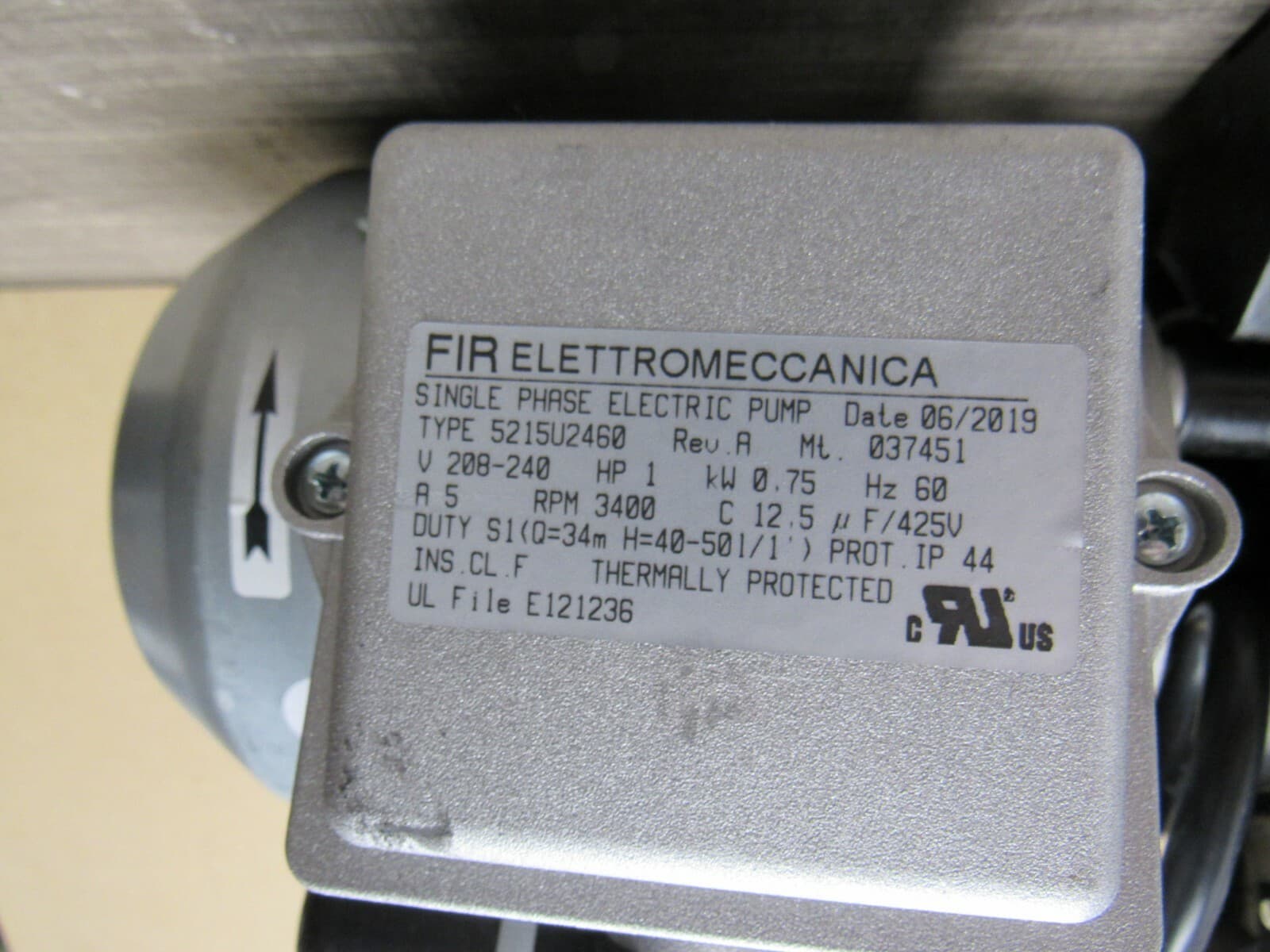 New FIR Elettromeccanica Single Phase Pump 5215U2460 208/240V 1 HP 60Hz - Thumbnail 7