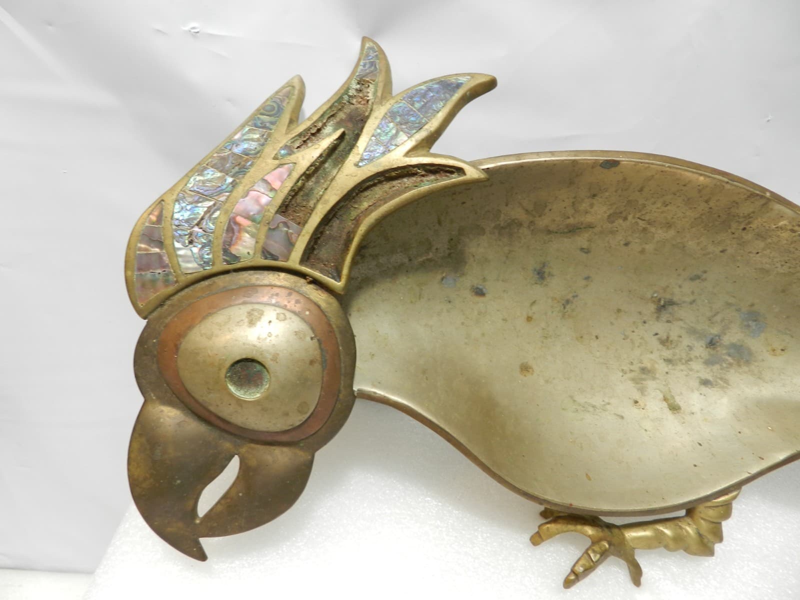 Vintage Mexican Hand-Wrought Brass Parrot Tray Dish Abalone Shell Inlay L82S - Thumbnail 2