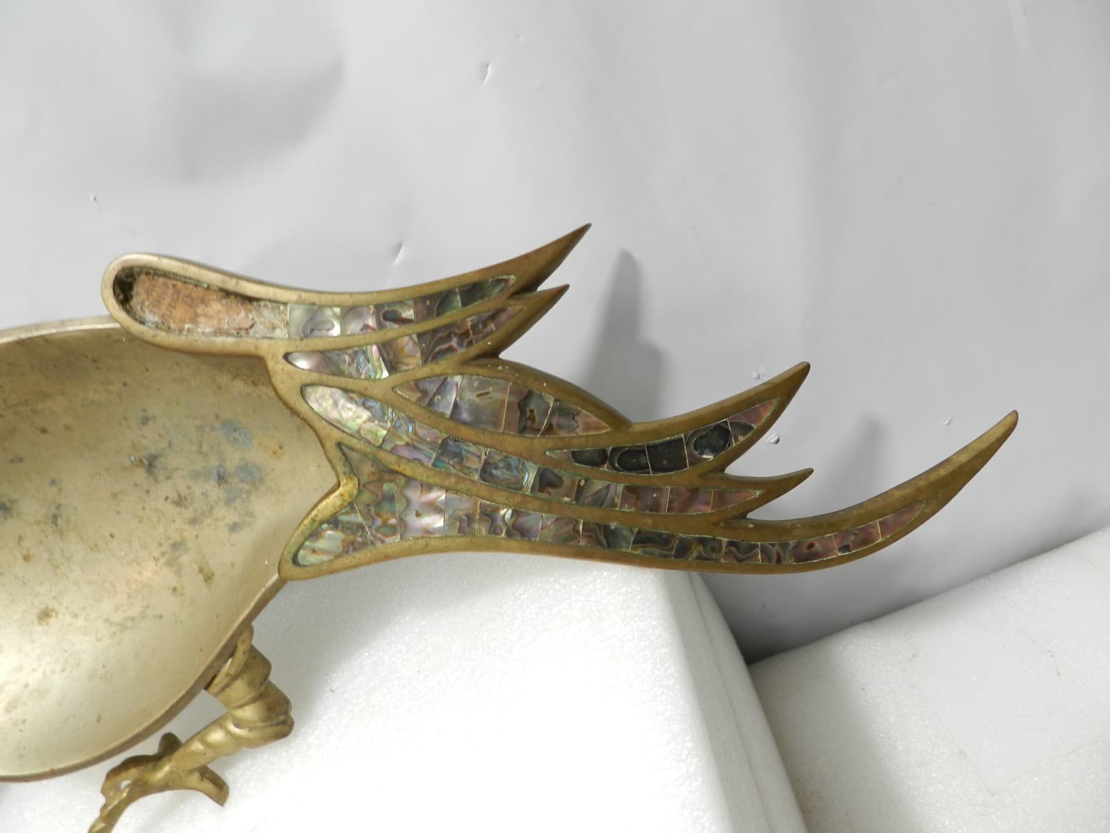 Vintage Mexican Hand-Wrought Brass Parrot Tray Dish Abalone Shell Inlay L82S - Thumbnail 4