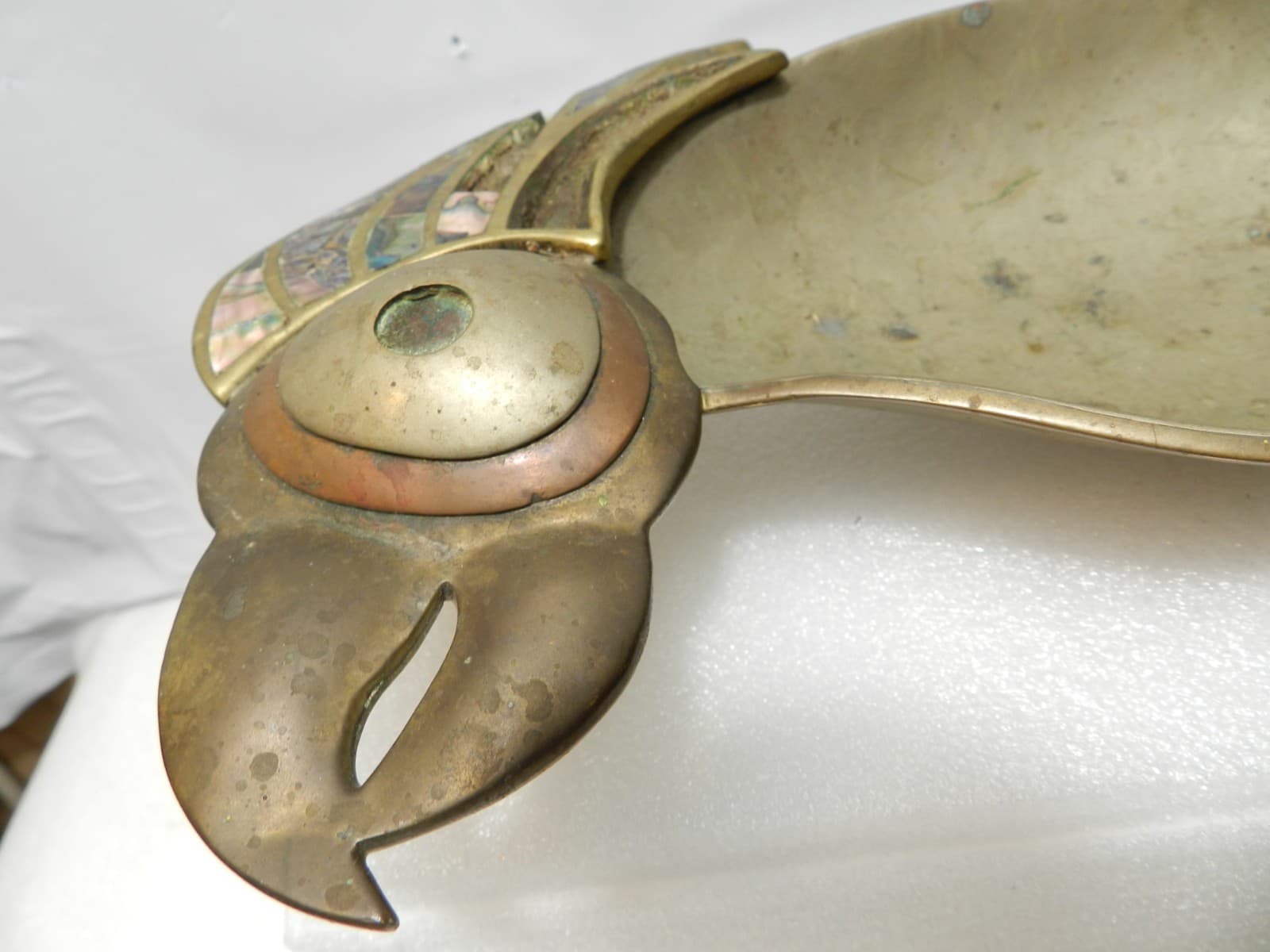 Vintage Mexican Hand-Wrought Brass Parrot Tray Dish Abalone Shell Inlay L82S - Thumbnail 10