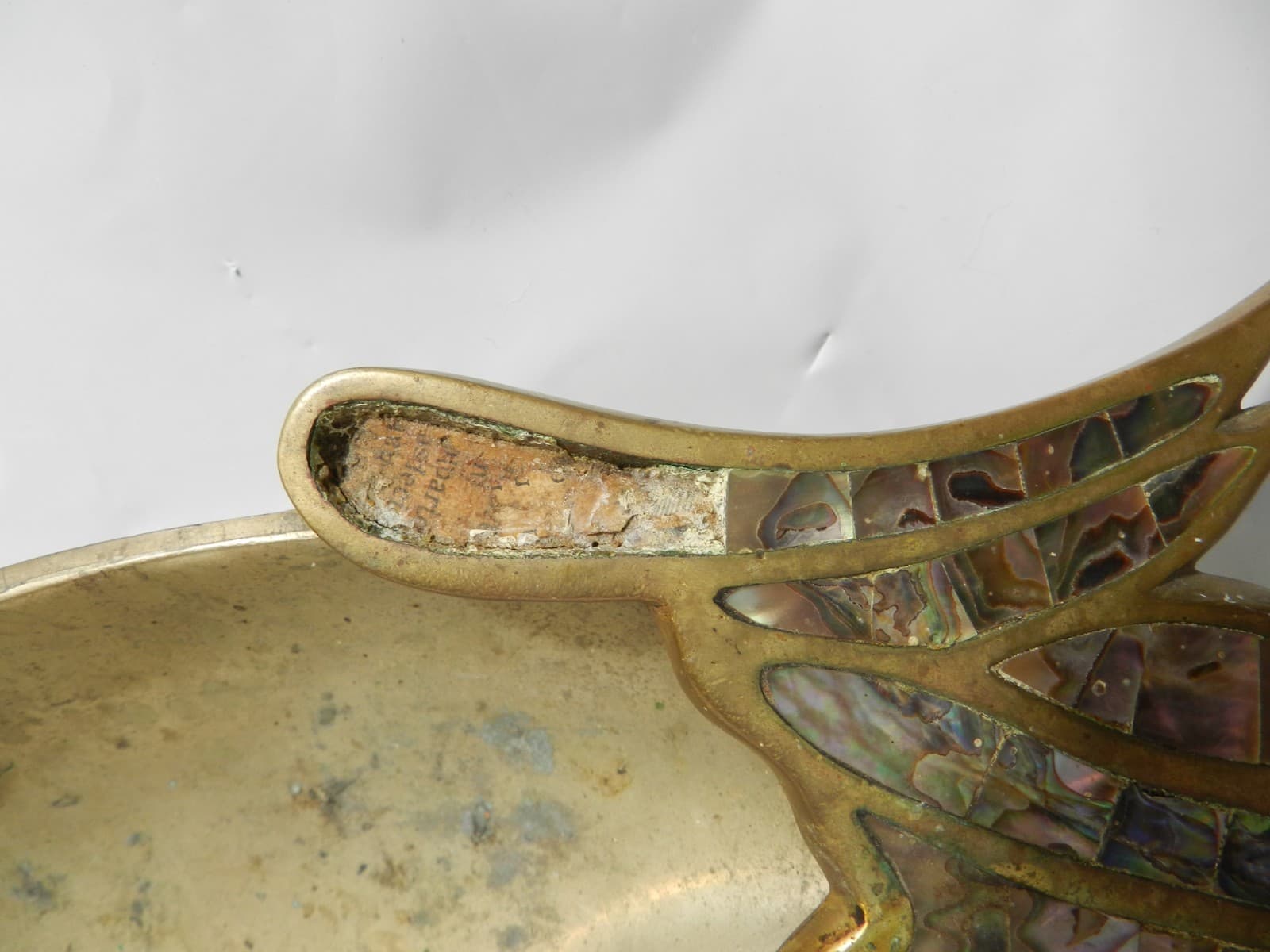 Vintage Mexican Hand-Wrought Brass Parrot Tray Dish Abalone Shell Inlay L82S - Thumbnail 5