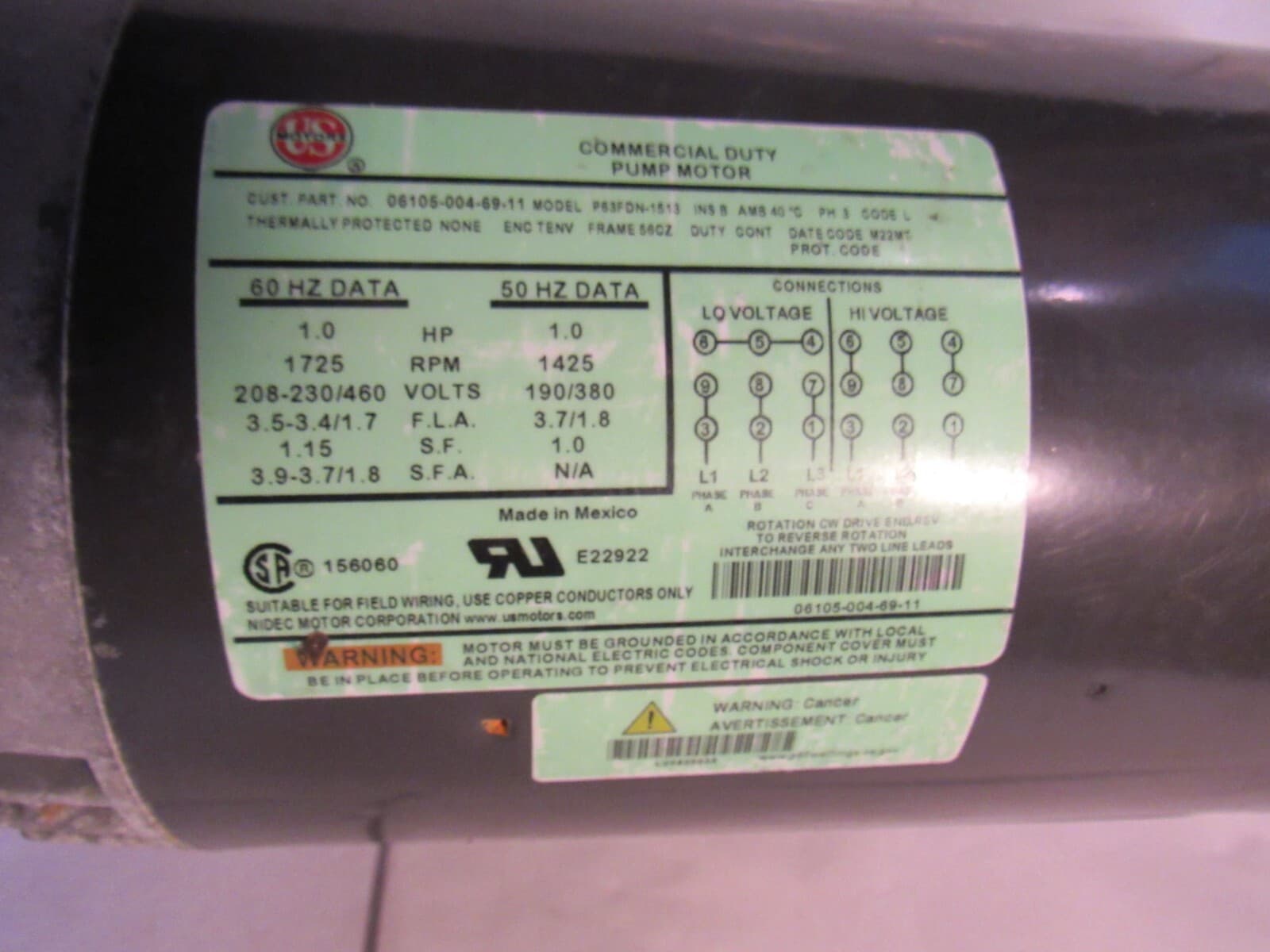 US Motors Jackson 06105-004-69-11 Motor, 3Ph 1 Hp P/W, Nidec W9K - Thumbnail 2