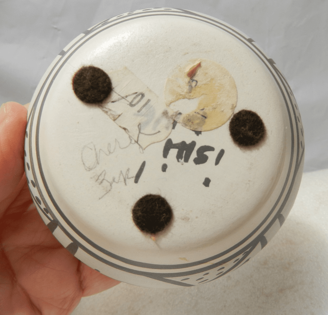 Native American Navajo White Clay Pottery Etched Dish w/Lid Sunset Mesa (I19JK) - Thumbnail 5
