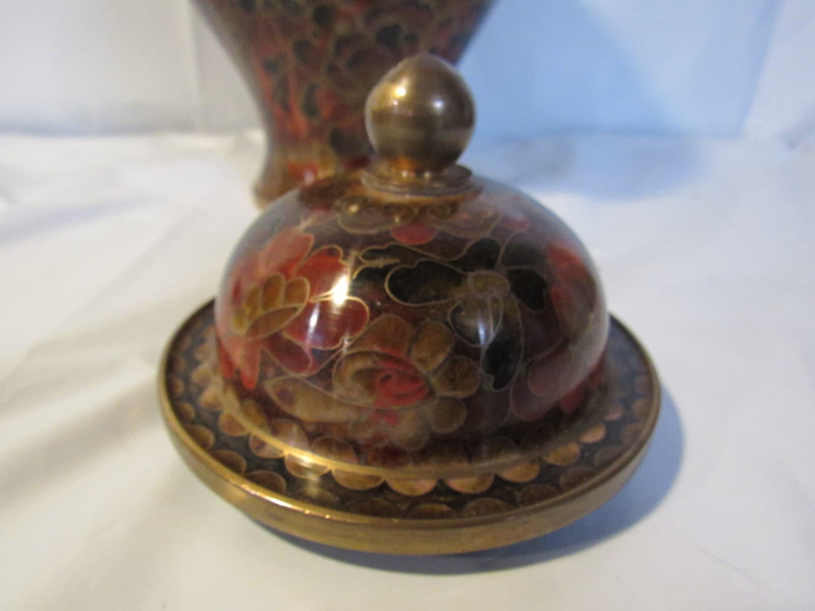 Chinese Cloisonne Urn Vase w Lid Enamel and Brass Asian Brown Floral 10" Y4S - Thumbnail 3