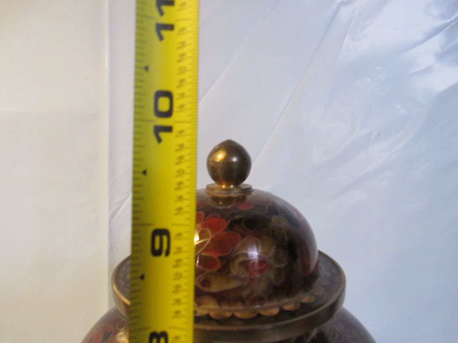 Chinese Cloisonne Urn Vase w Lid Enamel and Brass Asian Brown Floral 10" Y4S - Thumbnail 6