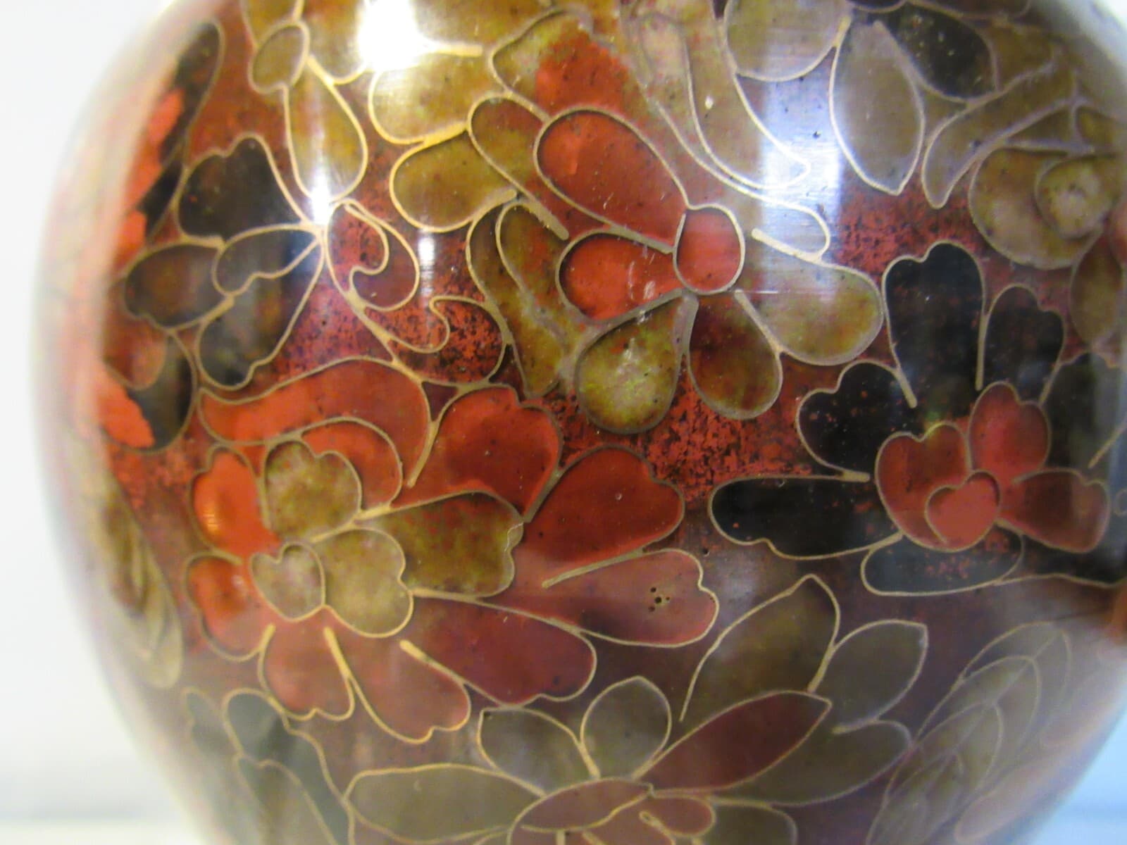 Chinese Cloisonne Urn Vase w Lid Enamel and Brass Asian Brown Floral 10" Y4S - Thumbnail 2