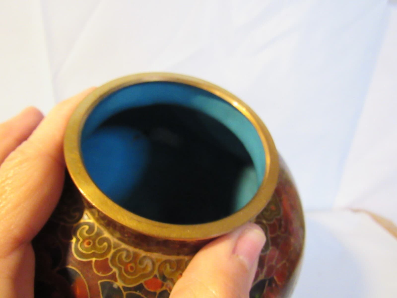 Chinese Cloisonne Urn Vase w Lid Enamel and Brass Asian Brown Floral 10" Y4S - Thumbnail 4