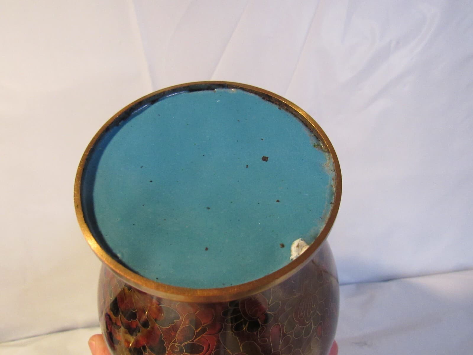 Chinese Cloisonne Urn Vase w Lid Enamel and Brass Asian Brown Floral 10" Y4S - Thumbnail 5