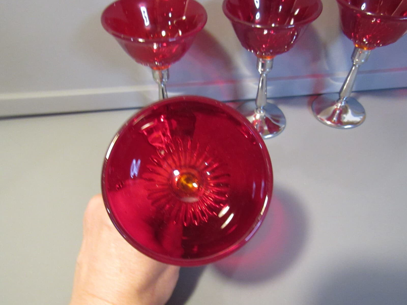 Vintage Ruby Red/Cranberry Glass & Silver Stemmed Goblets - Set of 4 W17S - Thumbnail 8