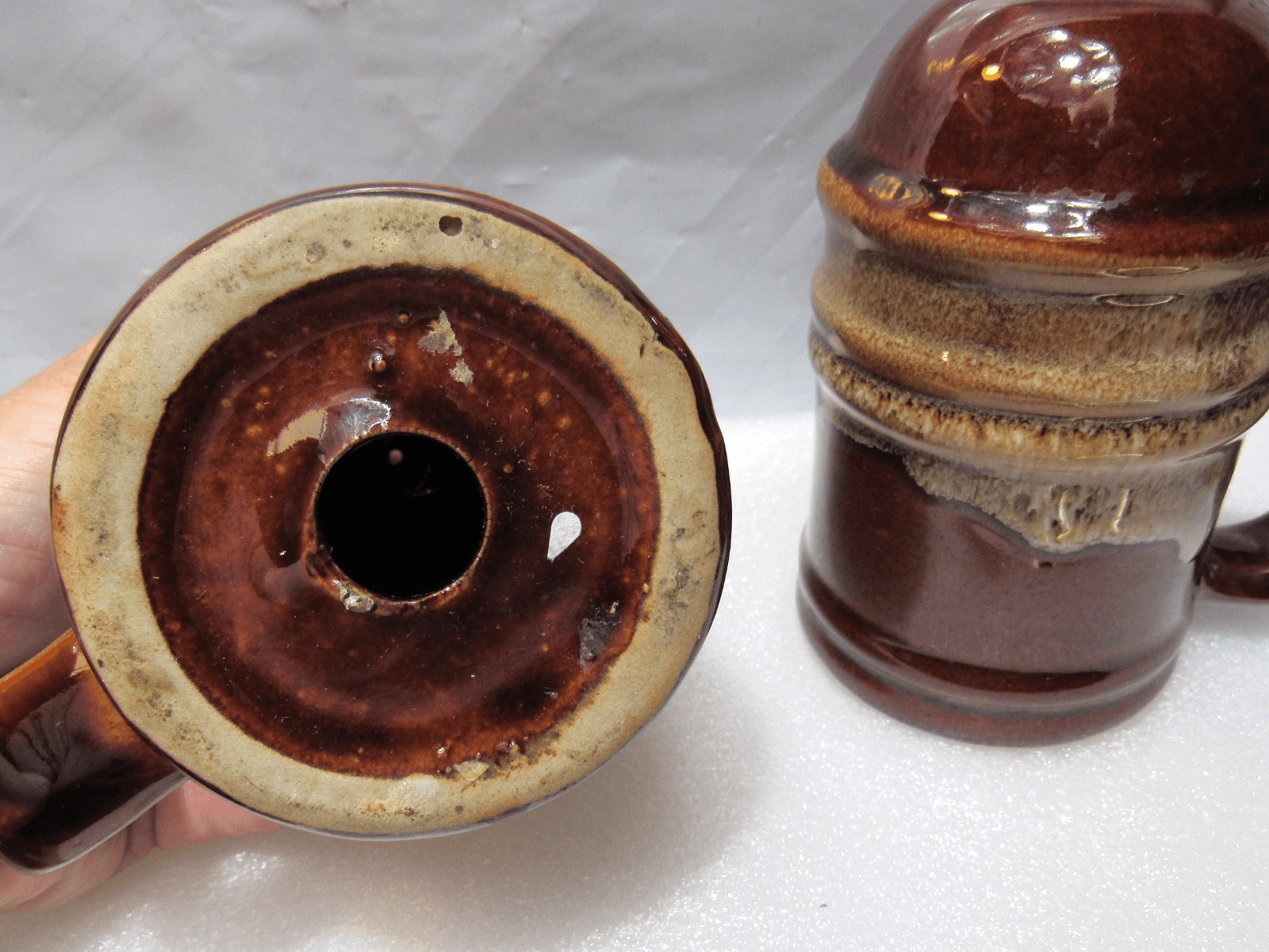 Vintage 5" Brown Drip Salt & Pepper Shaker Set with Handles Ceramic (I44S) - Thumbnail 5