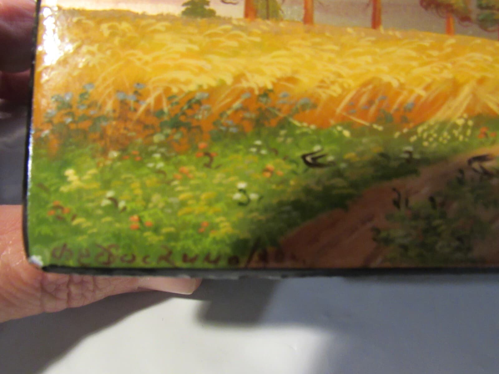 Vintage Fedoskino Russian Lacquer Jewelry Trinket Box Landscape Harvest Y7S - Thumbnail 11