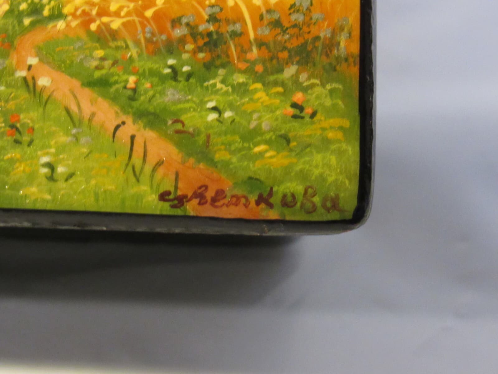 Vintage Fedoskino Russian Lacquer Jewelry Trinket Box Landscape Harvest Y7S - Thumbnail 12