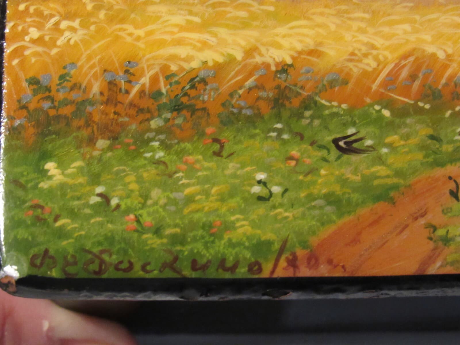 Vintage Fedoskino Russian Lacquer Jewelry Trinket Box Landscape Harvest Y7S - Thumbnail 13