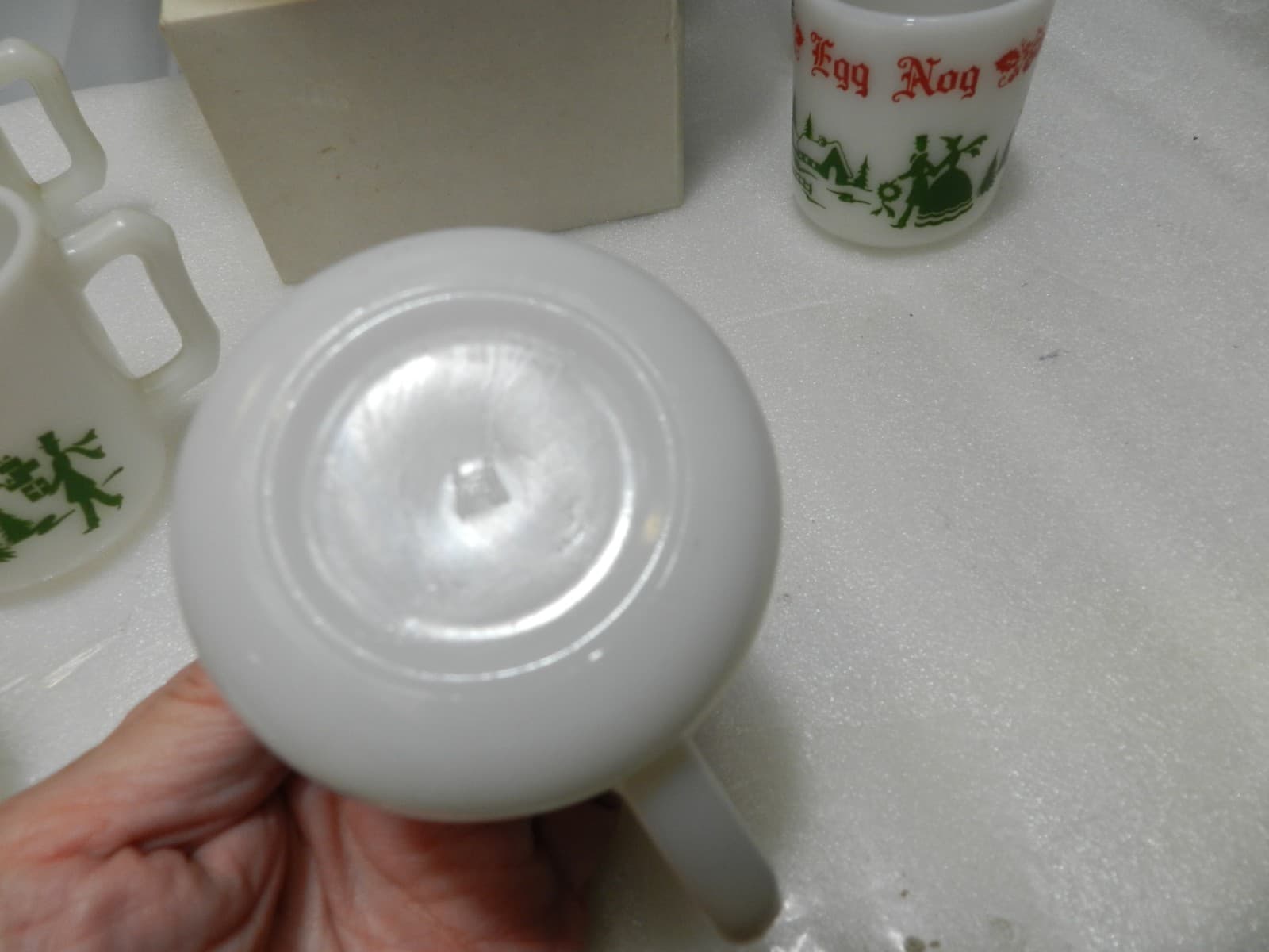 Vintage Hazel Atlas Milk Glass Christmas Egg Nog Set Punch Bowl And 6 Mugs E26J - Thumbnail 16