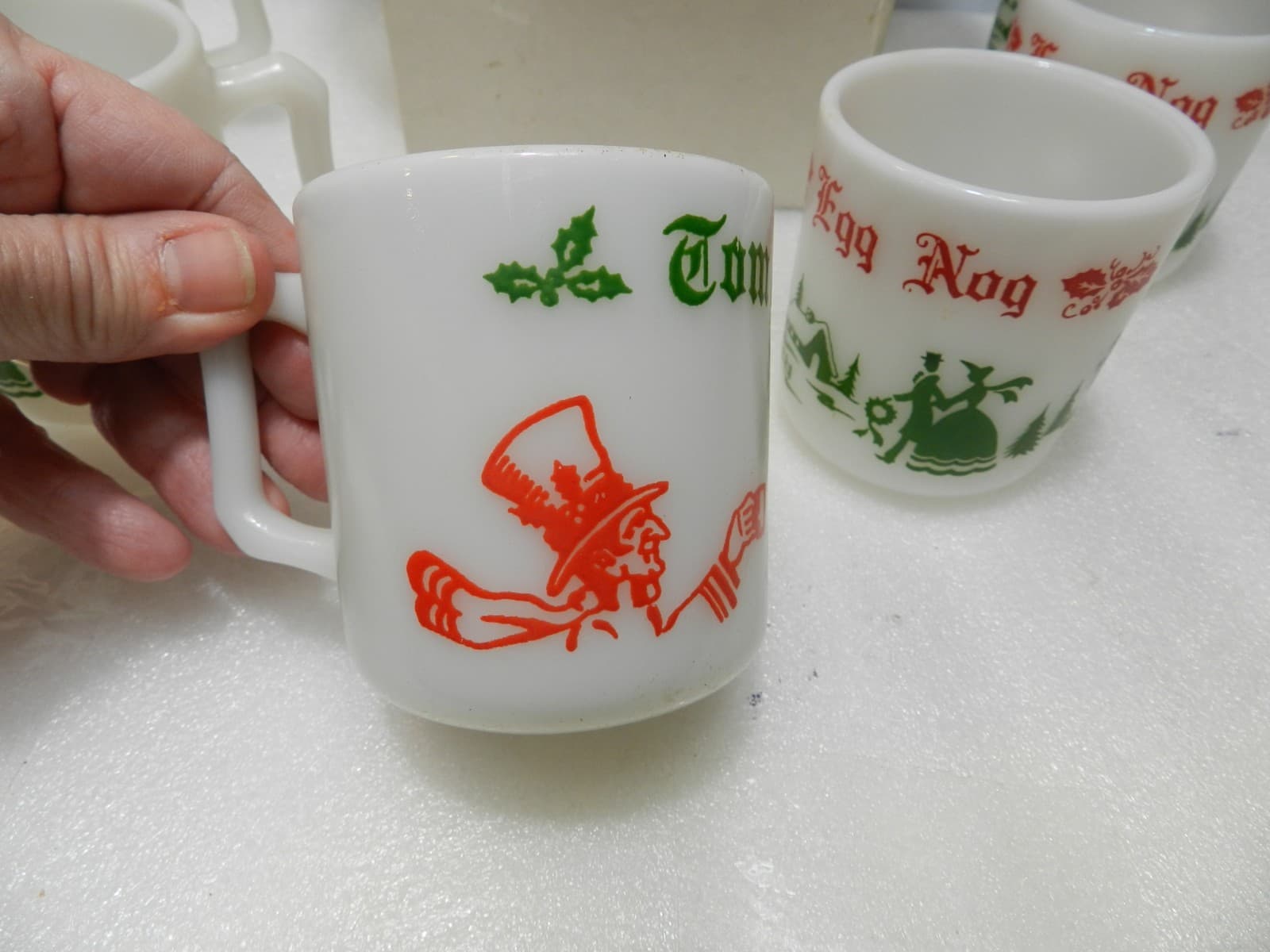 Vintage Hazel Atlas Milk Glass Christmas Egg Nog Set Punch Bowl And 6 Mugs E26J - Thumbnail 13