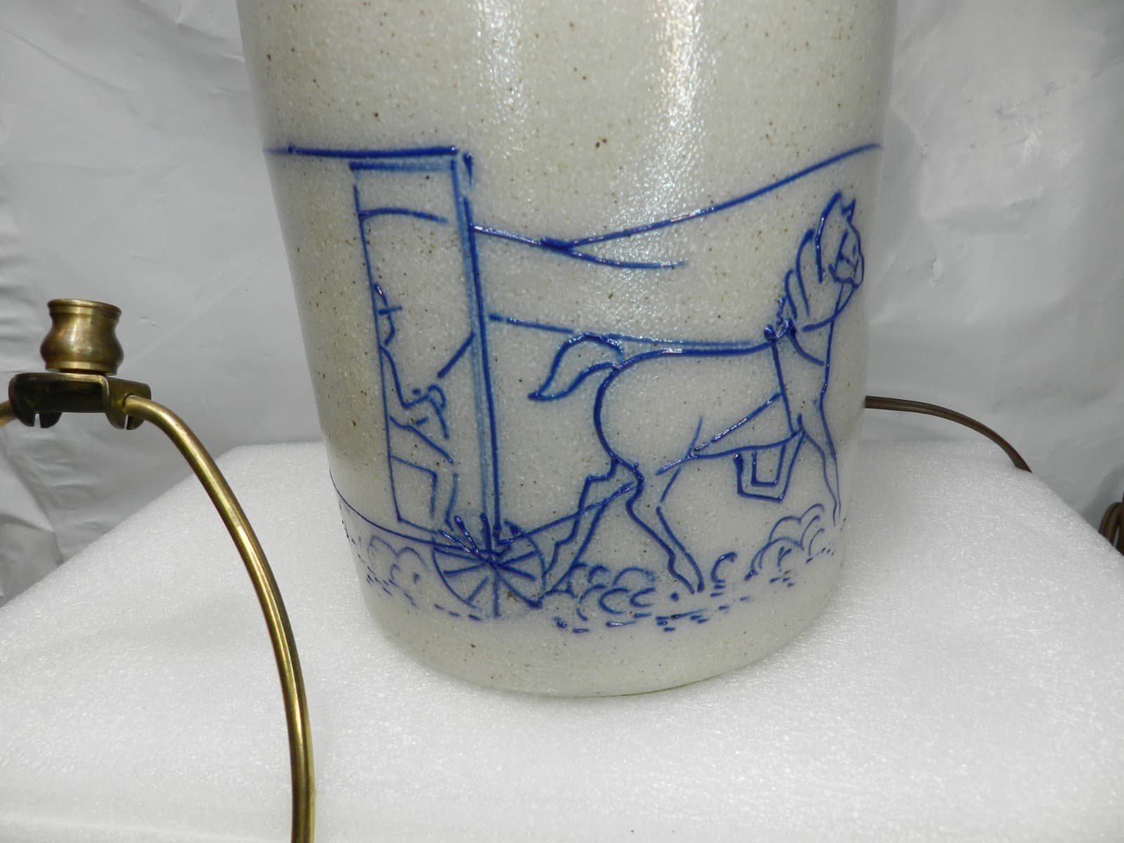 SALMON FALLS Dover, NH Salt Glazed Pottery Crock Lamp Amish Buggy Design I48S - Thumbnail 3