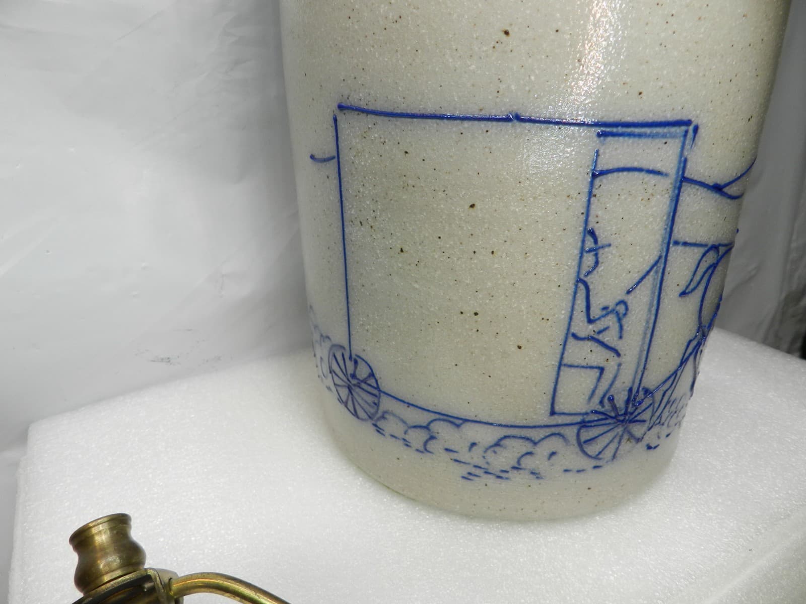 SALMON FALLS Dover, NH Salt Glazed Pottery Crock Lamp Amish Buggy Design I48S - Thumbnail 4