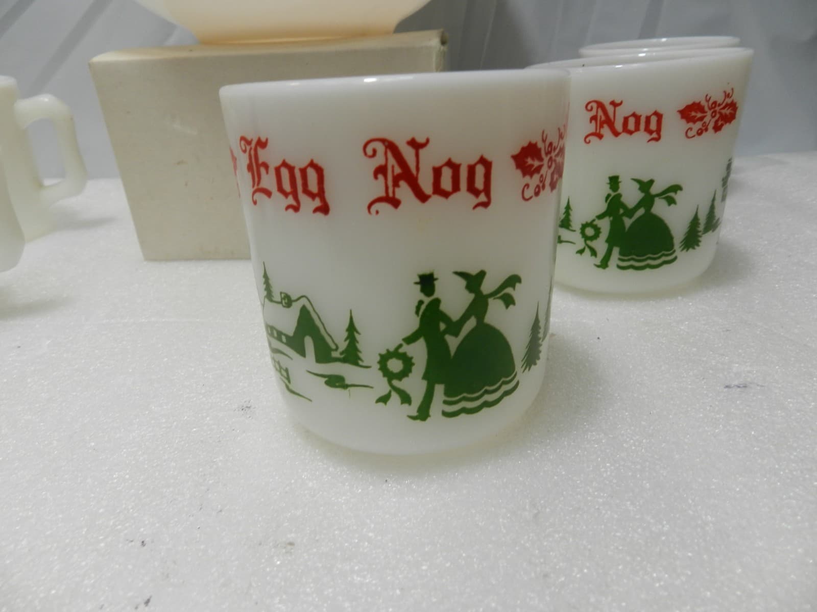 Vintage Hazel Atlas Milk Glass Christmas Egg Nog Set Punch Bowl And 6 Mugs E26J - Thumbnail 14