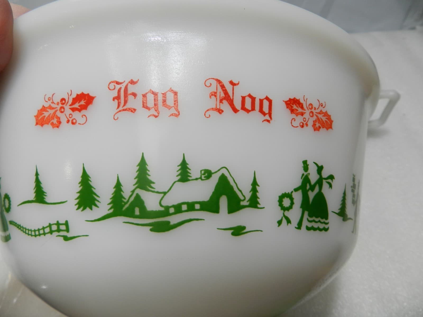 Vintage Hazel Atlas Milk Glass Christmas Egg Nog Set Punch Bowl And 6 Mugs E26J - Thumbnail 20