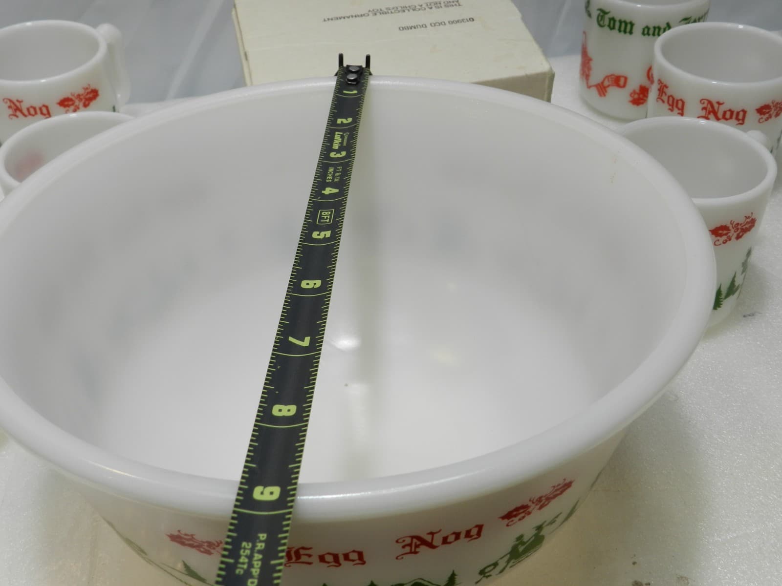 Vintage Hazel Atlas Milk Glass Christmas Egg Nog Set Punch Bowl And 7 Mugs E25J - Thumbnail 10