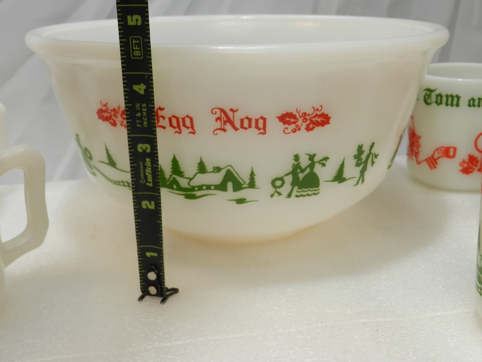 Vintage Hazel Atlas Milk Glass Christmas Egg Nog Set Punch Bowl And 6 Mugs E26J - Thumbnail 6