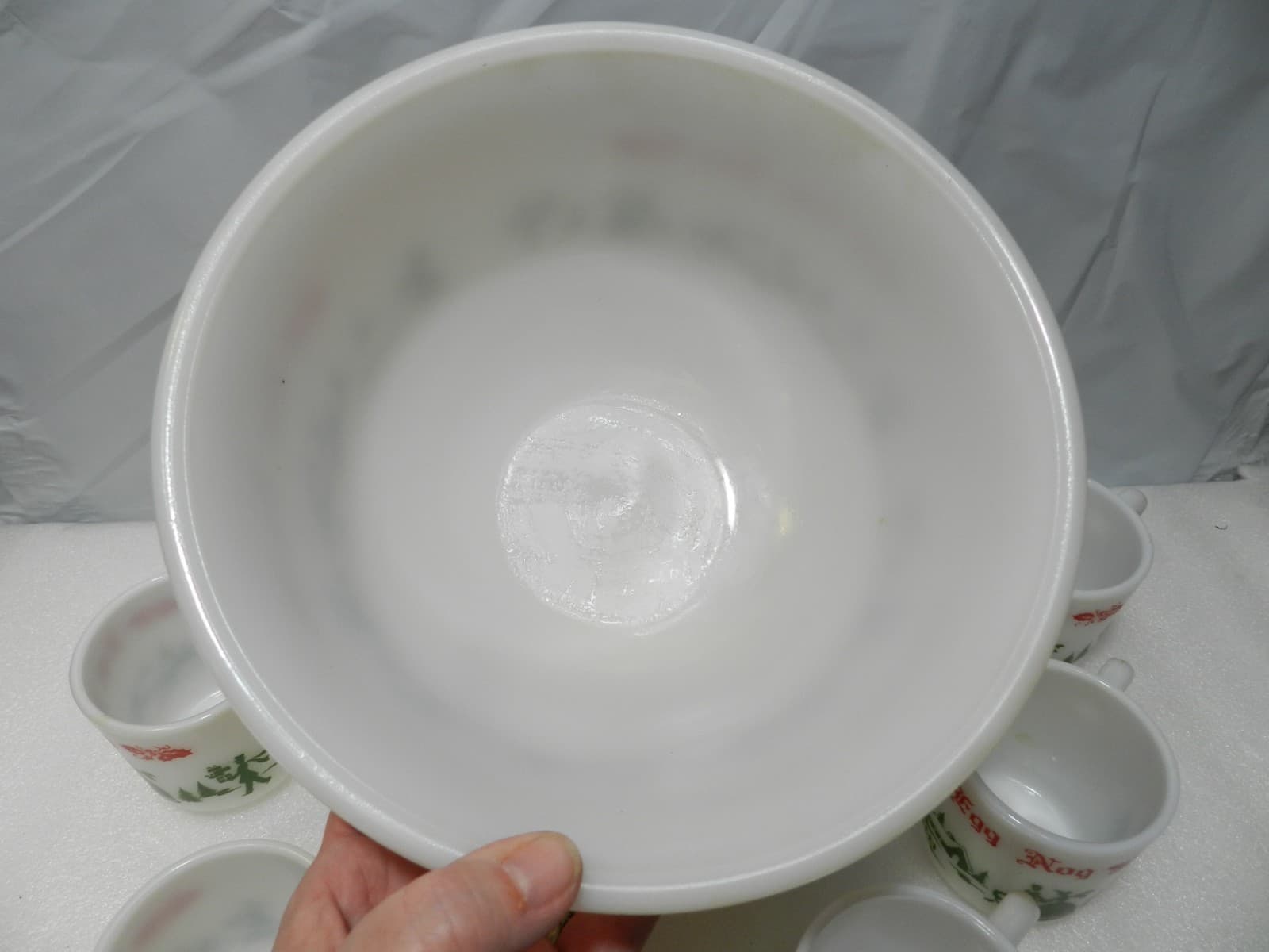 Vintage Hazel Atlas Milk Glass Christmas Egg Nog Set Punch Bowl And 6 Mugs E26J - Thumbnail 10