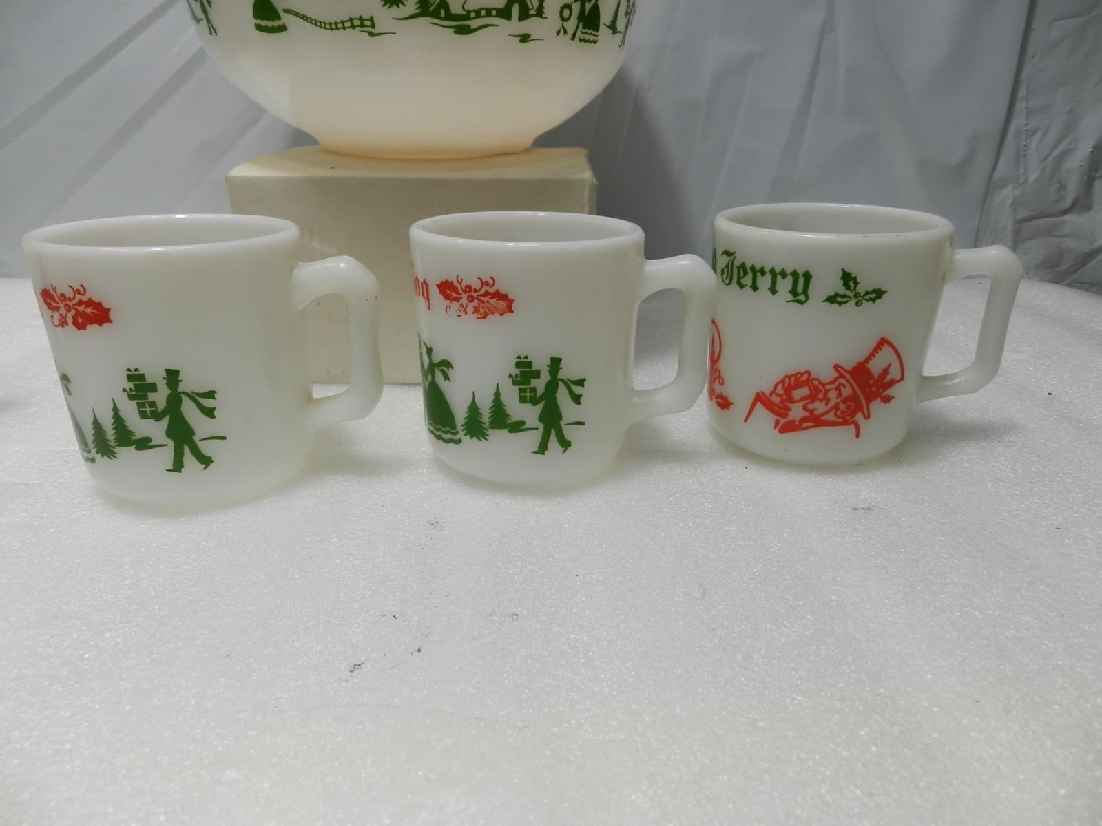 Vintage Hazel Atlas Milk Glass Christmas Egg Nog Set Punch Bowl And 6 Mugs E26J - Thumbnail 18