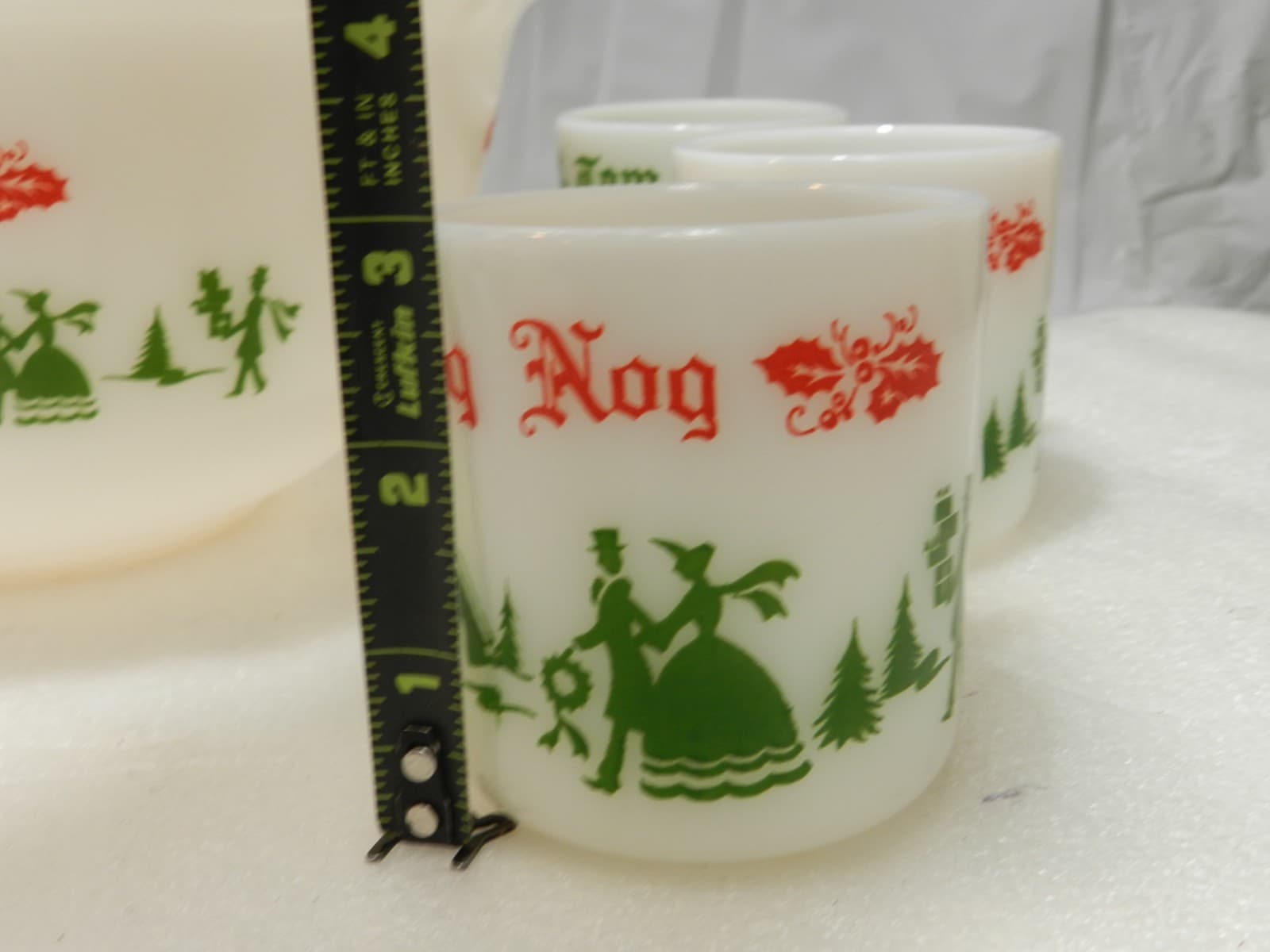 Vintage Hazel Atlas Milk Glass Christmas Egg Nog Set Punch Bowl And 6 Mugs E26J - Thumbnail 7
