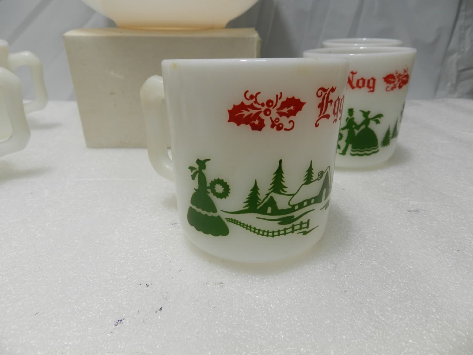 Vintage Hazel Atlas Milk Glass Christmas Egg Nog Set Punch Bowl And 6 Mugs E26J - Thumbnail 15