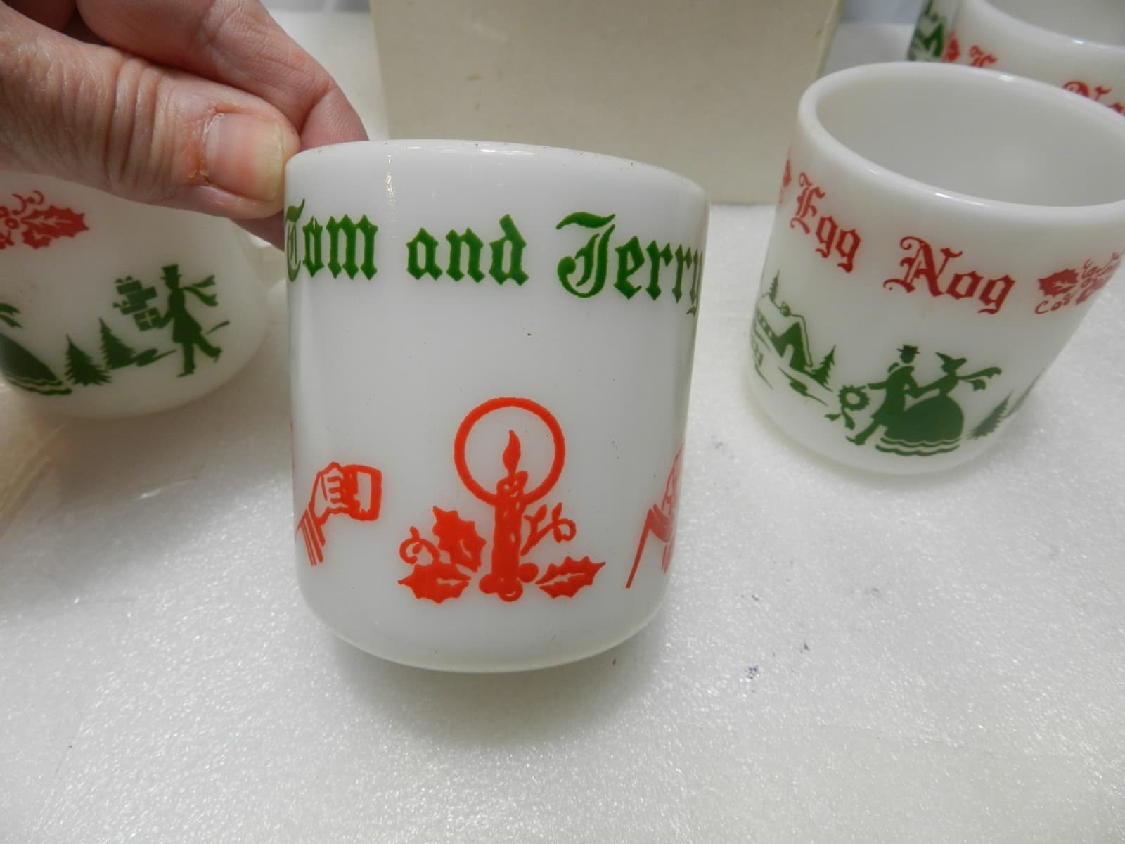 Vintage Hazel Atlas Milk Glass Christmas Egg Nog Set Punch Bowl And 6 Mugs E26J - Thumbnail 12