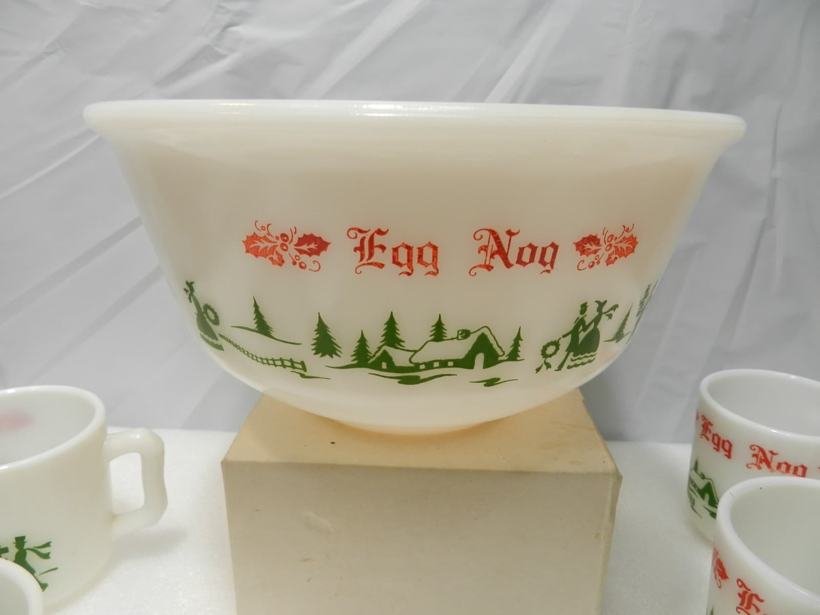 Vintage Hazel Atlas Milk Glass Christmas Egg Nog Set Punch Bowl And 6 Mugs E26J - Thumbnail 9