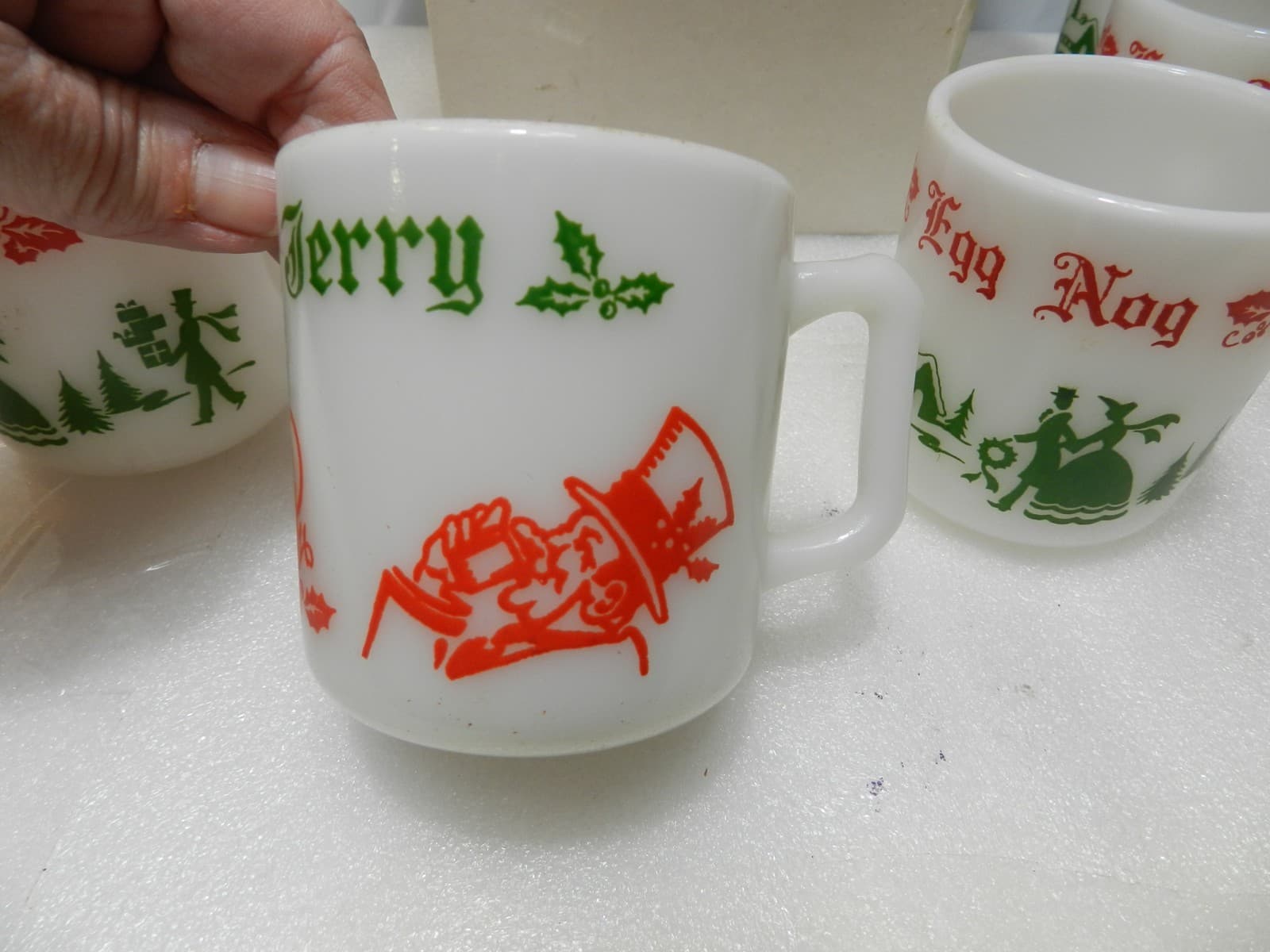 Vintage Hazel Atlas Milk Glass Christmas Egg Nog Set Punch Bowl And 6 Mugs E26J - Thumbnail 11