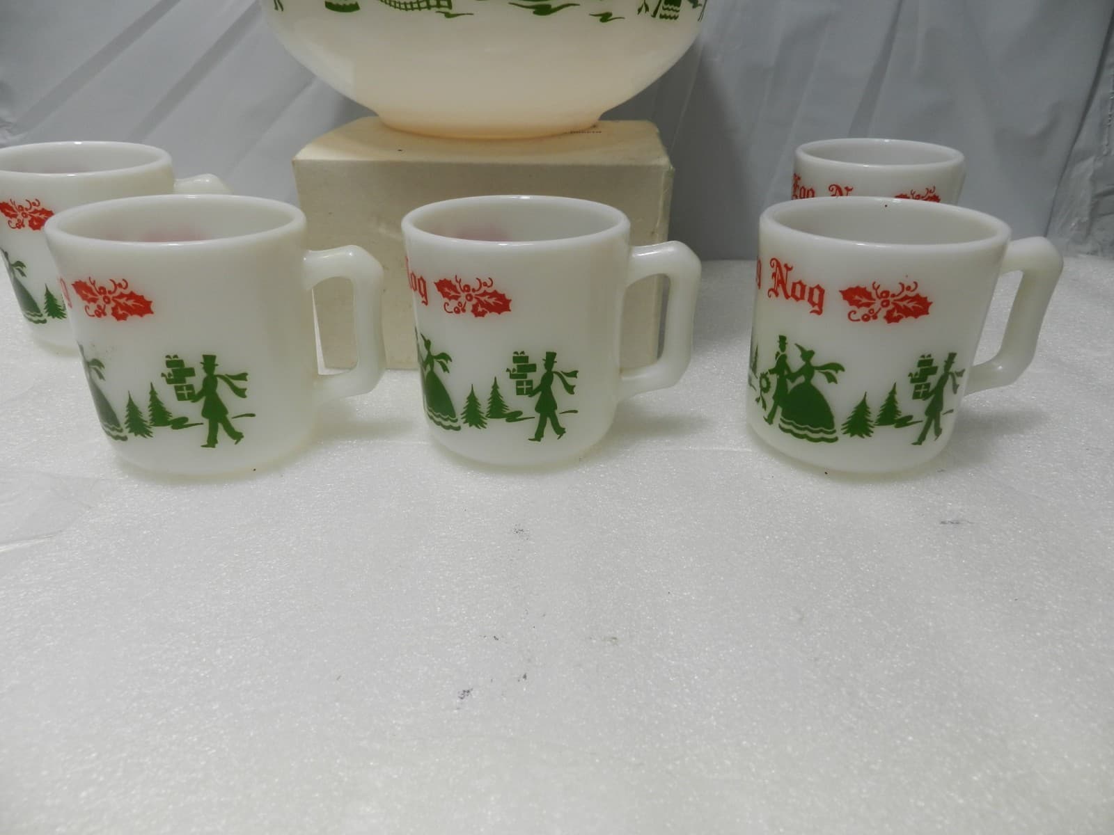 Vintage Hazel Atlas Milk Glass Christmas Egg Nog Set Punch Bowl And 6 Mugs E26J - Thumbnail 17
